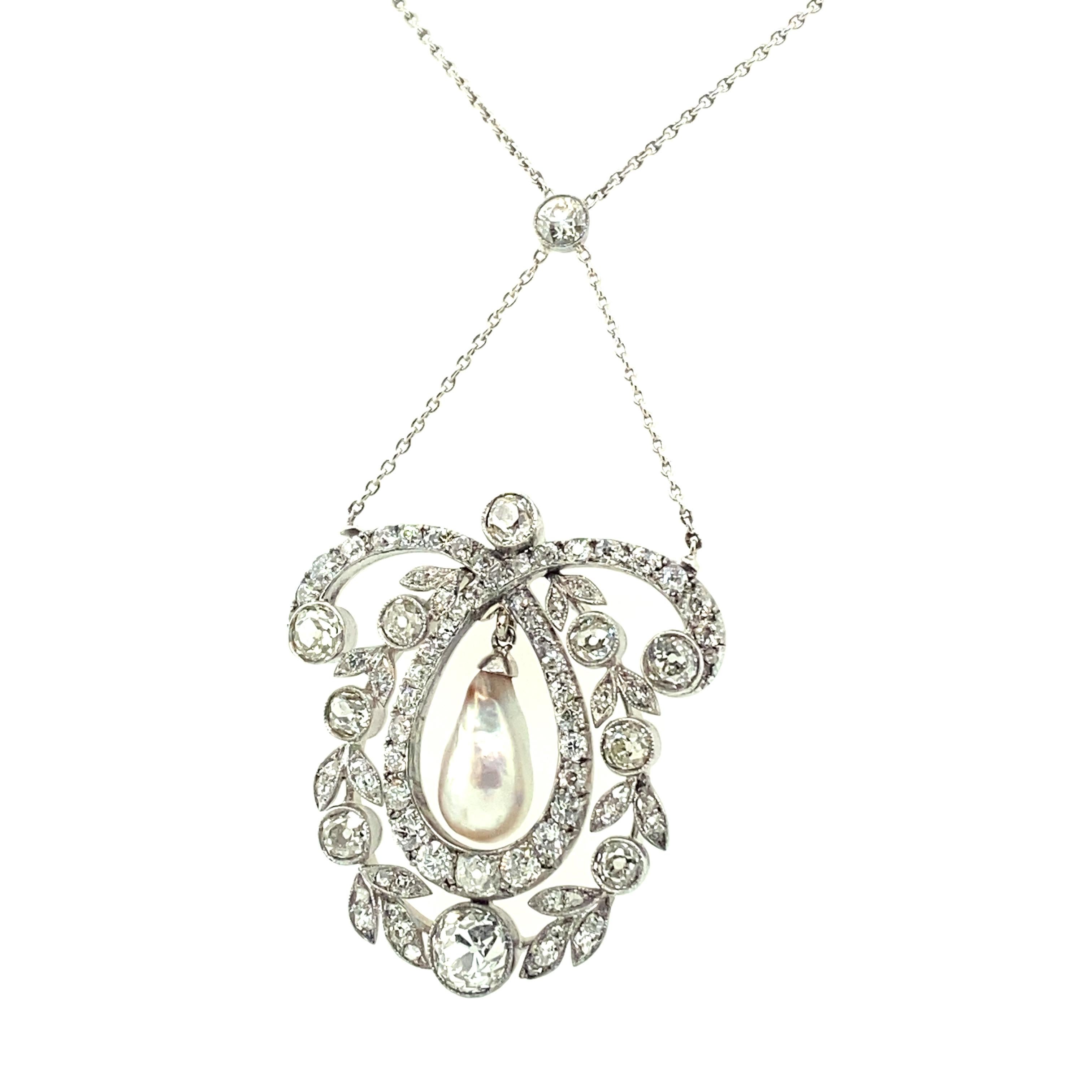 Old European Cut Unique Edwardian Natural Pearl and Diamond Necklace in Platinum 950