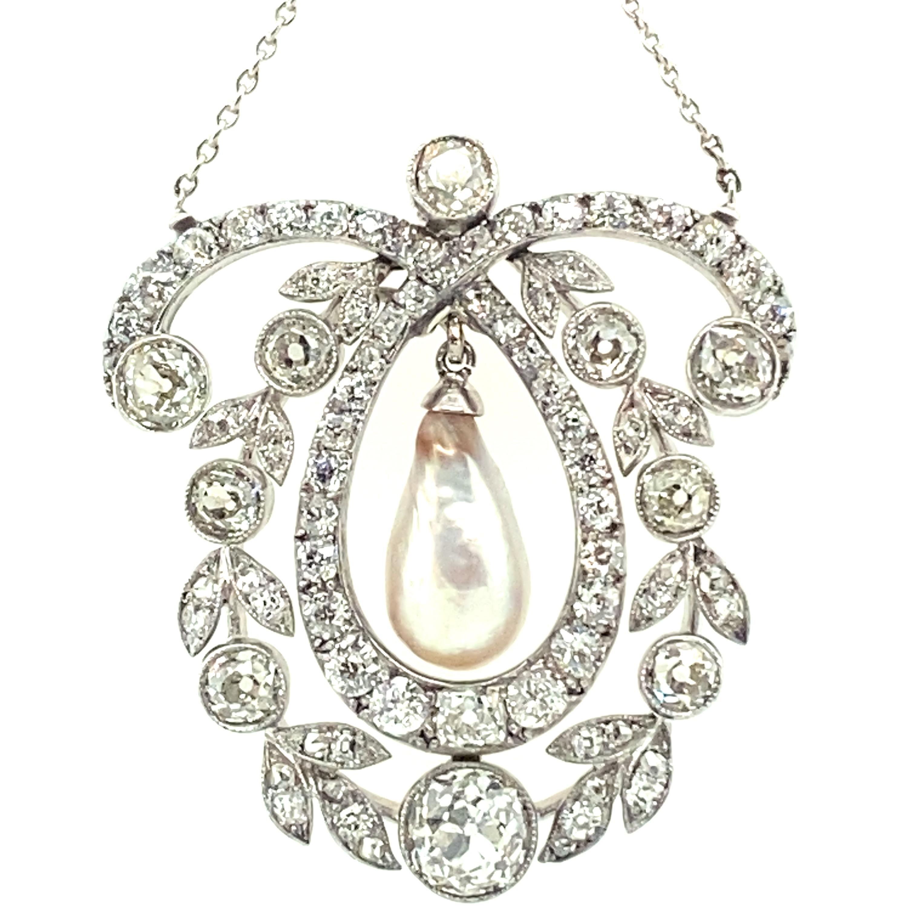 Women's or Men's Unique Edwardian Natural Pearl and Diamond Necklace in Platinum 950