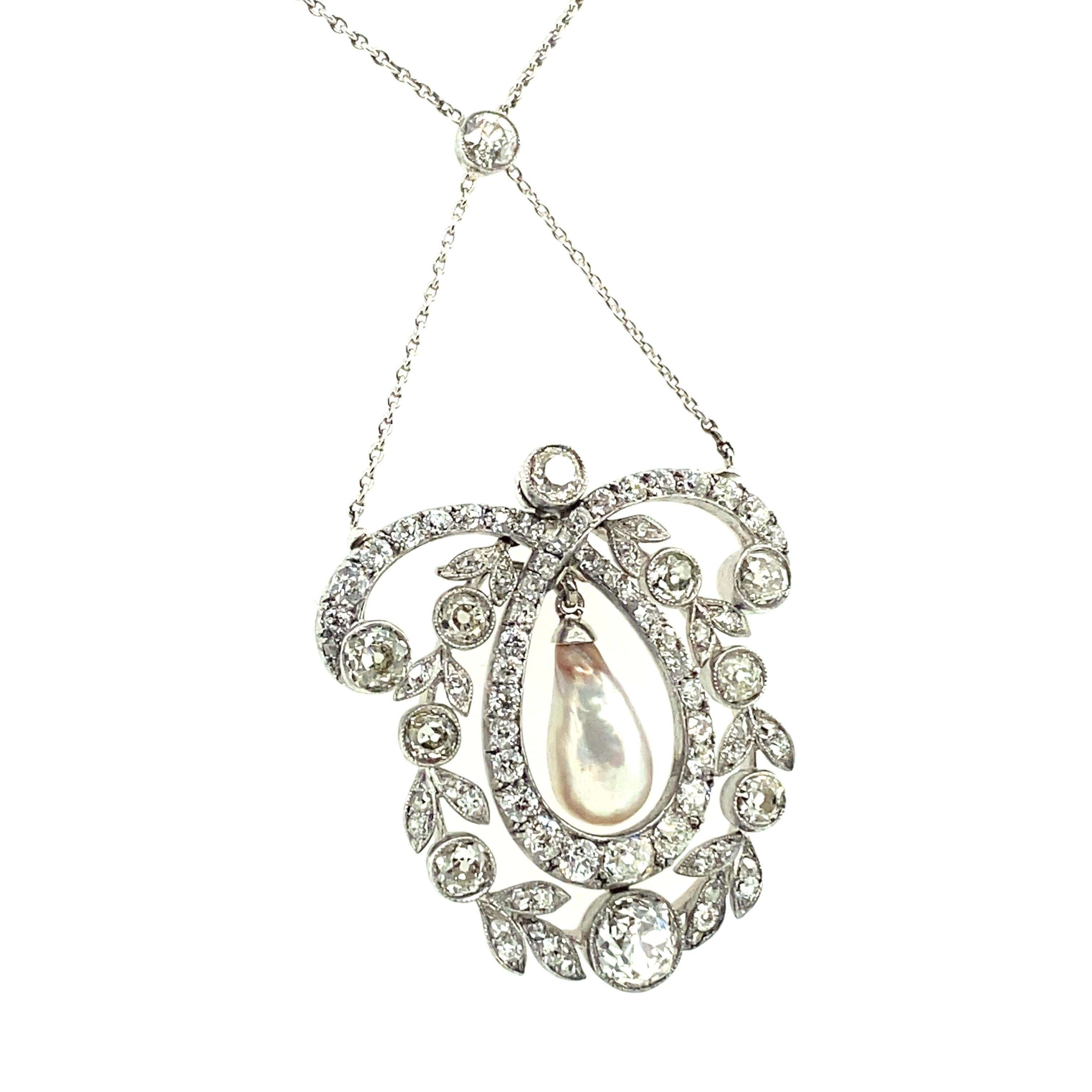 Unique Edwardian Natural Pearl and Diamond Necklace in Platinum 950 1