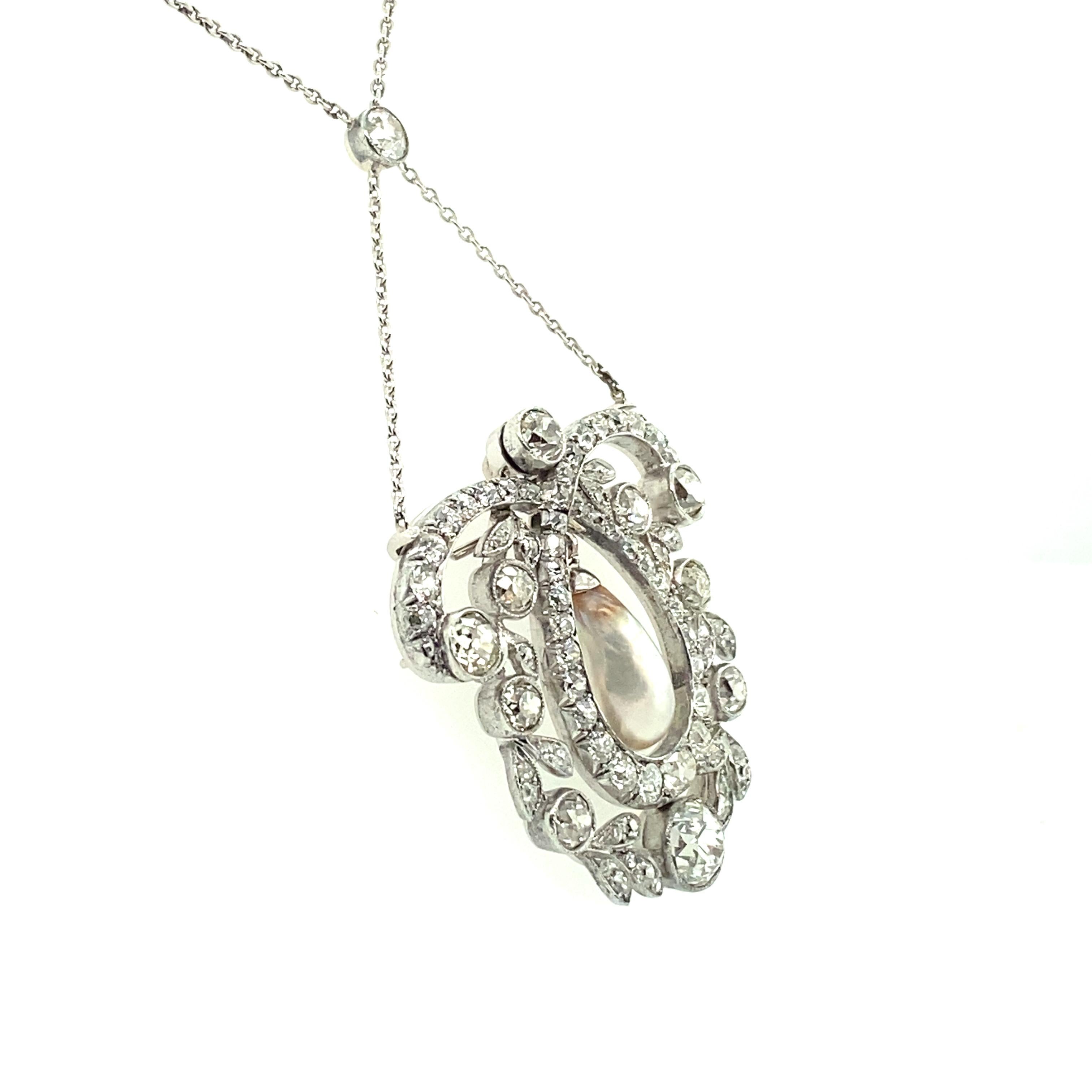 Unique Edwardian Natural Pearl and Diamond Necklace in Platinum 950 3