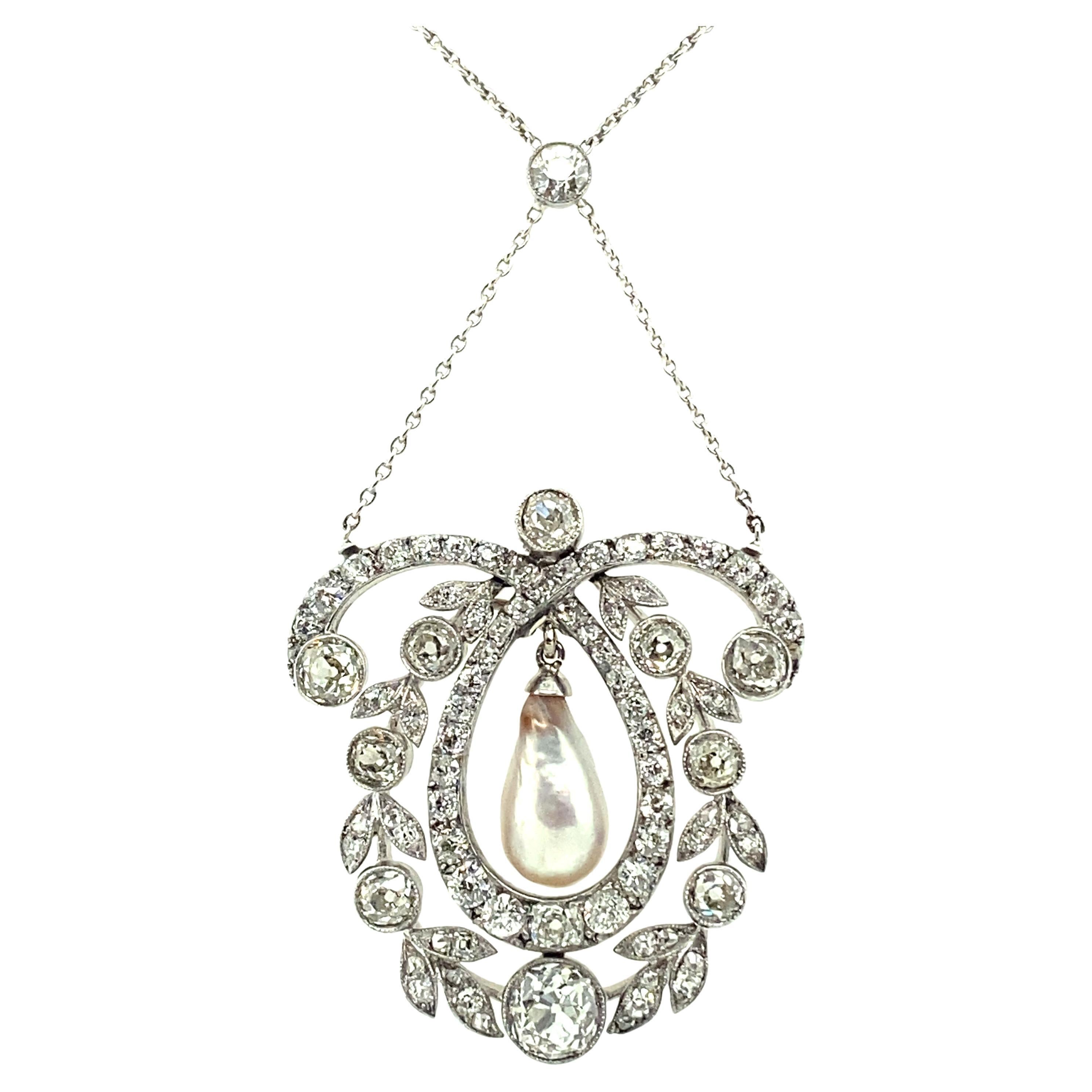 Unique Edwardian Natural Pearl and Diamond Necklace in Platinum 950