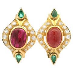 Unique Elegant 18k Gold Cabochon Ruby Pear Emerald & Diamond Omega Earrings