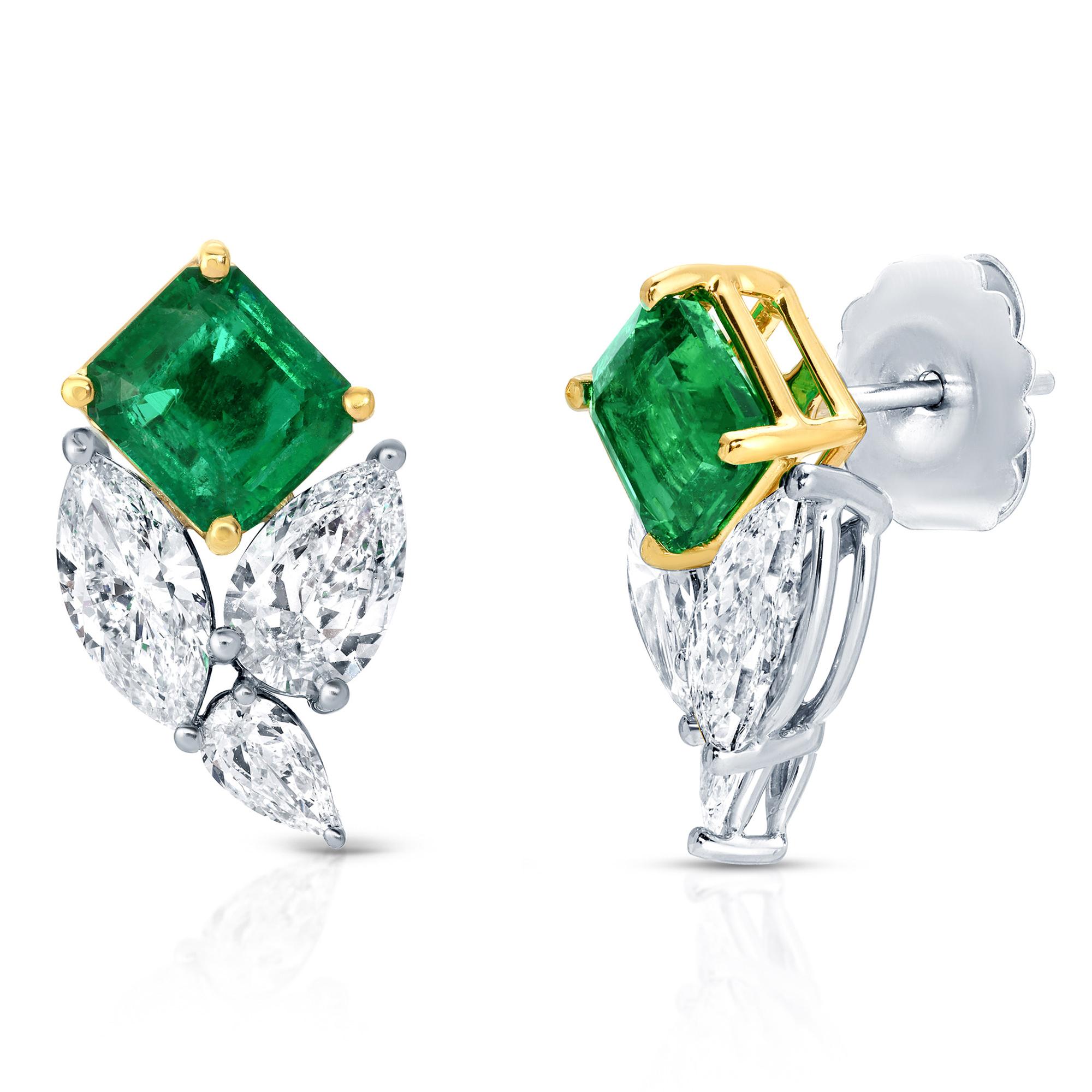 Mixed Cut Unique Emerald and Diamond Earrings 7.1 Carats 18K Gold For Sale