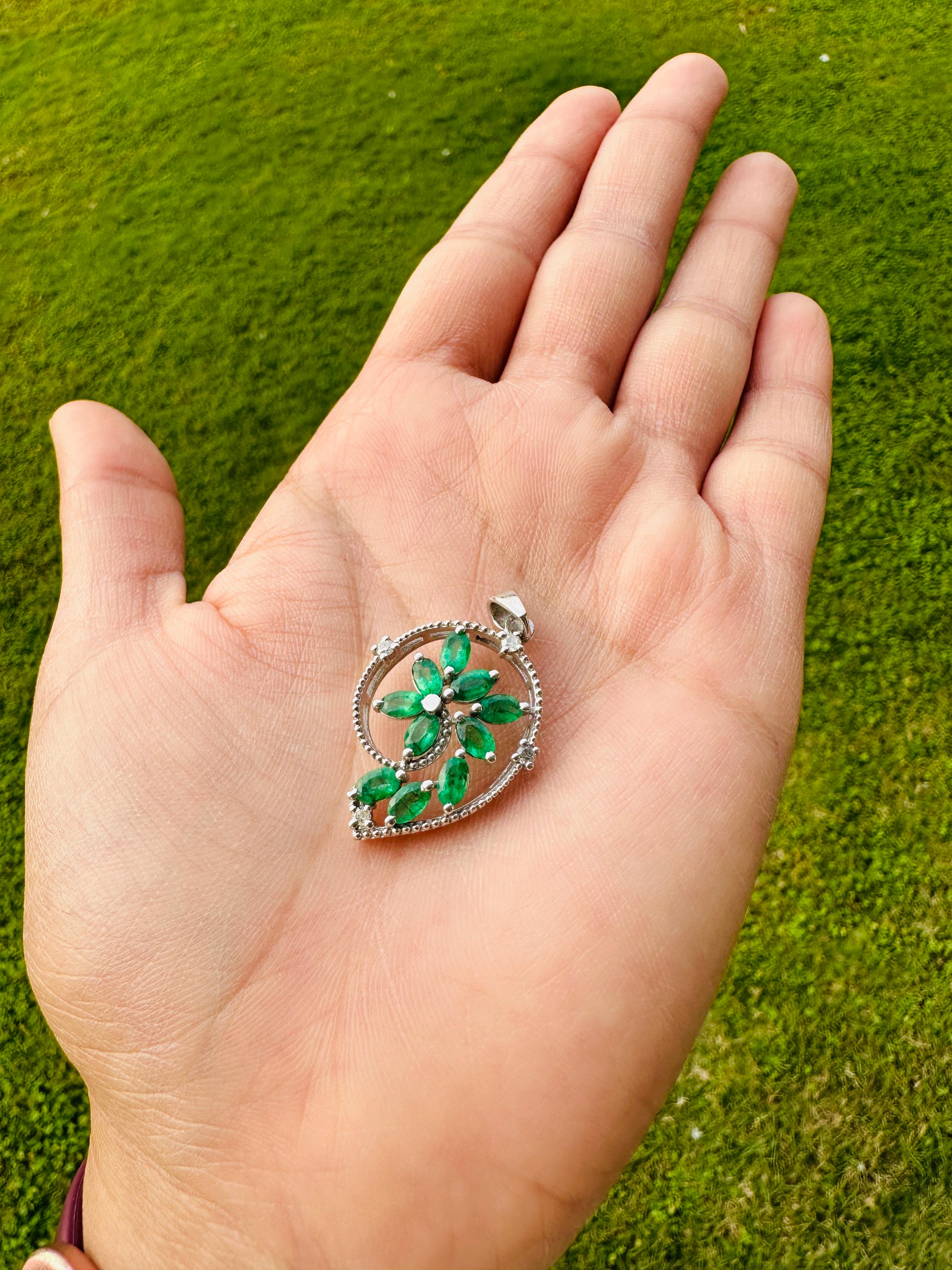 This Unique Emerald and Diamond Pendant for Women is meticulously crafted from the finest materials and adorned with stunning emerald which enhances communication skills and boosts mental clarity. 
This delicate to statement pendants, suits every