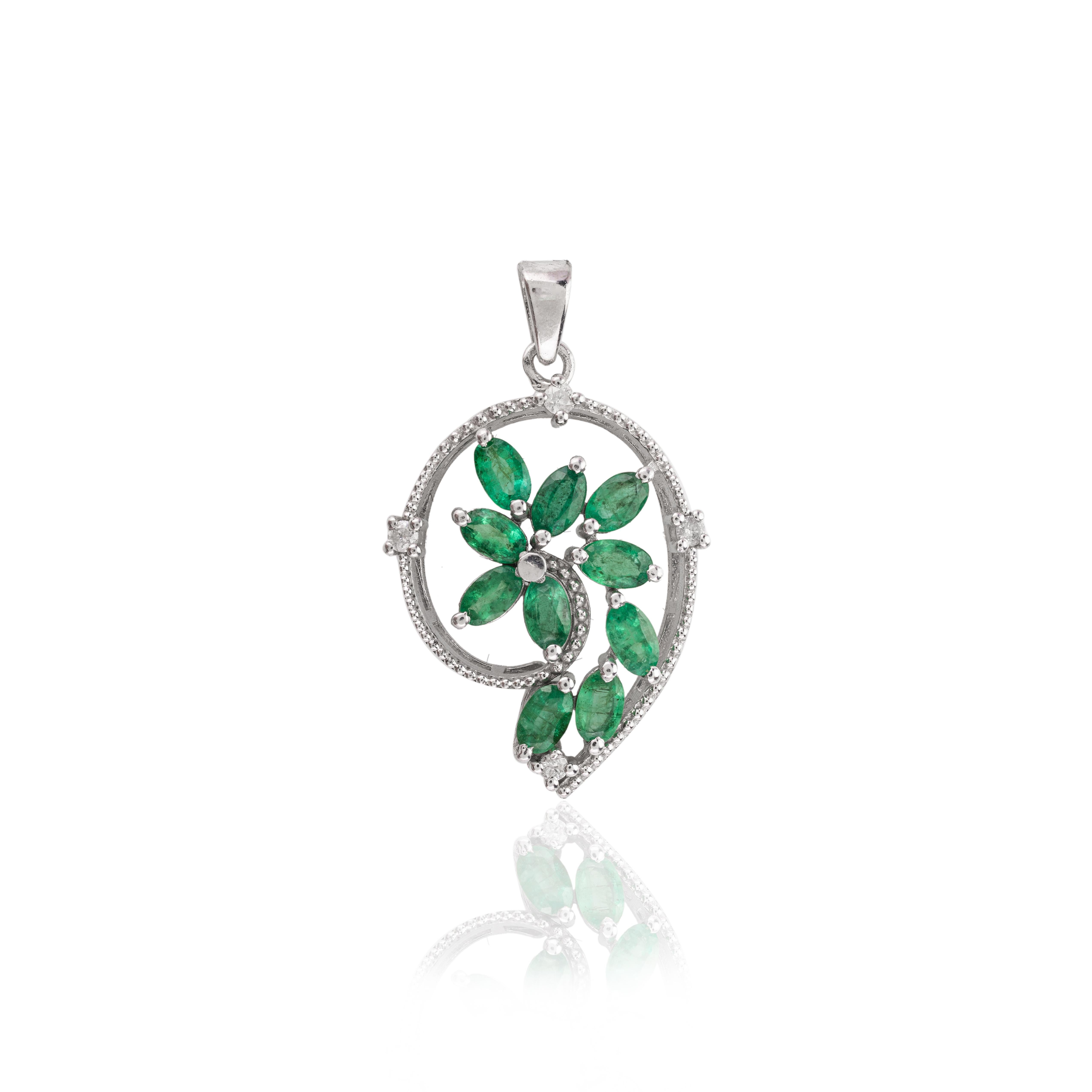 Mixed Cut Unique Emerald and Diamond Pendant for Women in .925 Sterling Silver For Sale