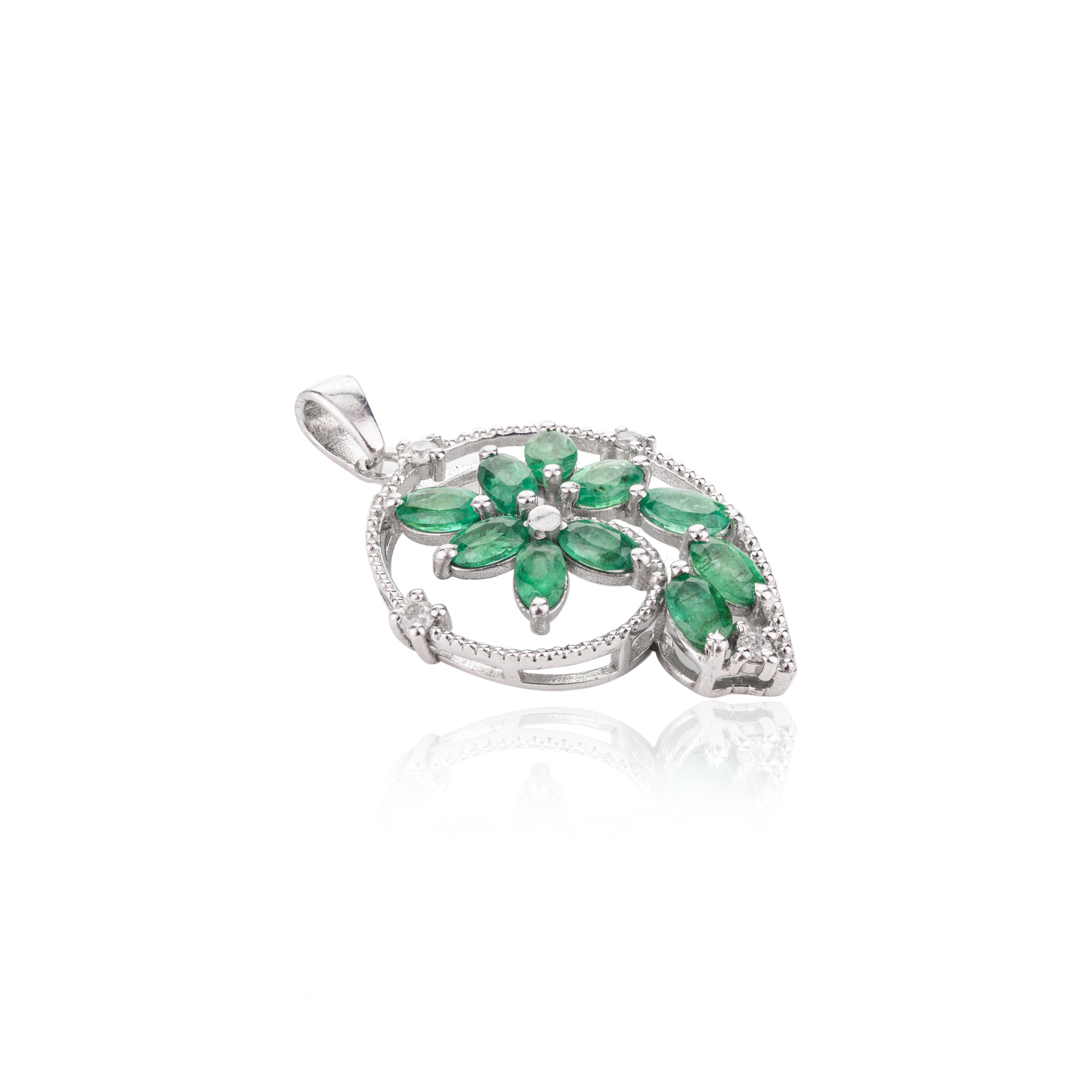 Women's Unique Emerald and Diamond Pendant for Women in .925 Sterling Silver For Sale