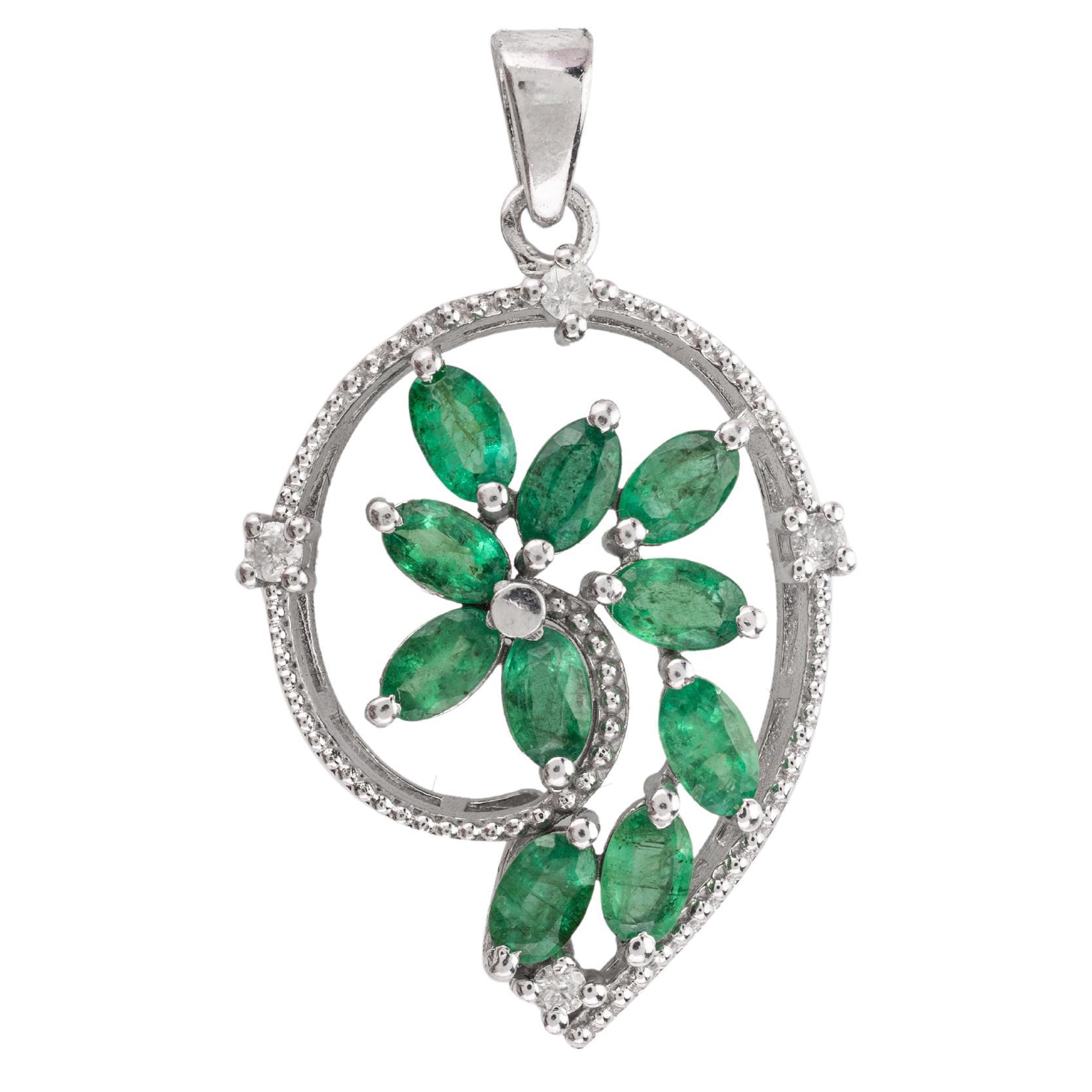 Unique Emerald and Diamond Pendant for Women in .925 Sterling Silver For Sale