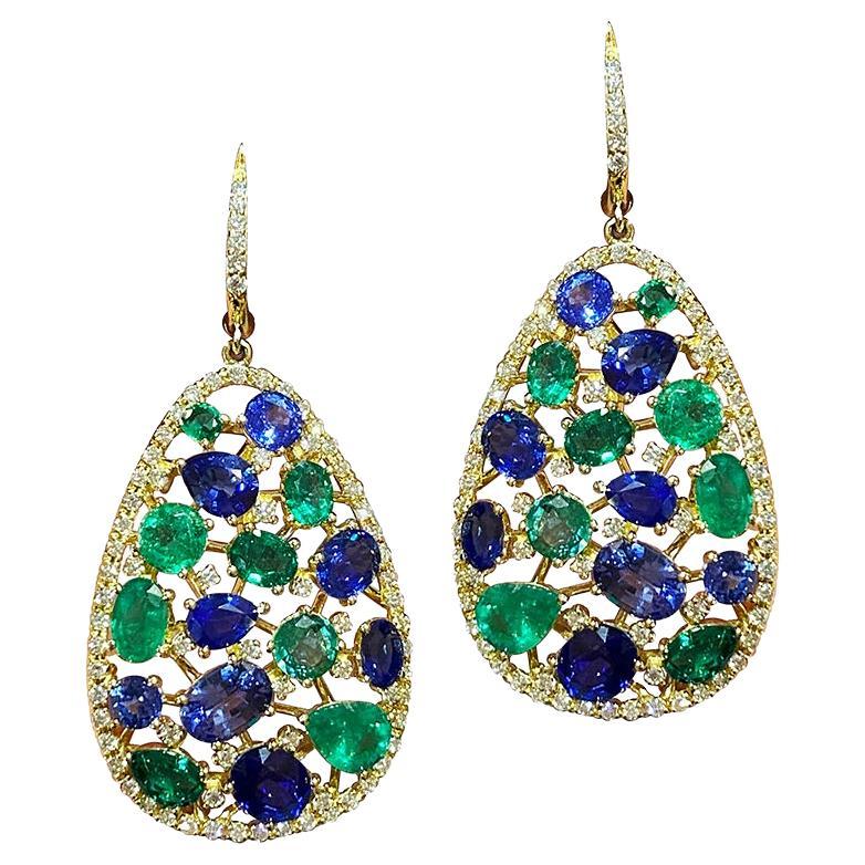 Unique Emerald Blue Sapphire 18K Yellow Gold Dangle Earrings for Her
