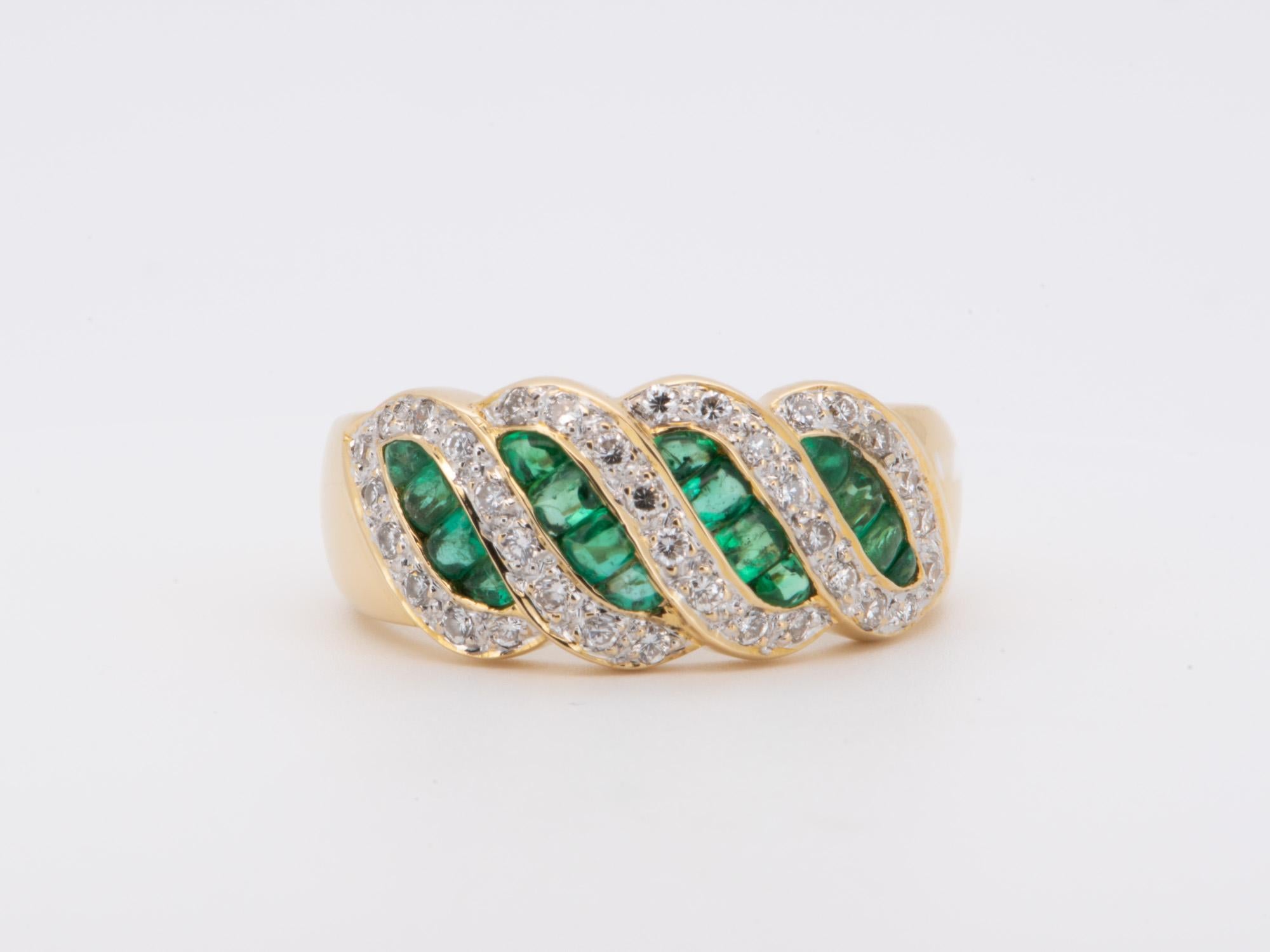 ♥ This is a super unique band set with fancy-shape emerald cabochons (smooth at the top, no facets like the normal emeralds you see in most jewelry) channel set and diamonds bead set, alternating in a diagonal design
♥ Low profile design, the entire