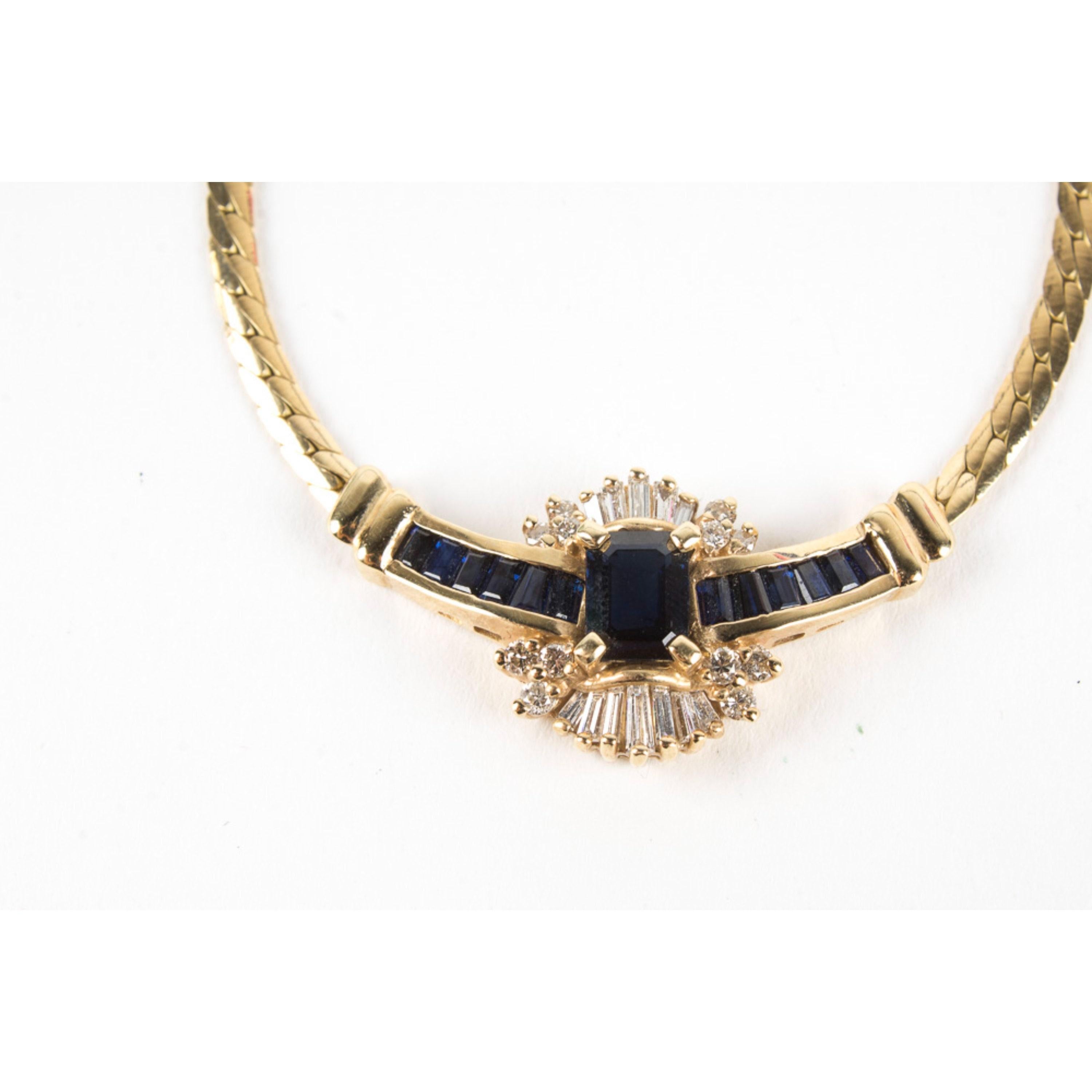 Women's Unique Emerald Cut Sapphire Diamonds Necklace, 18K Gold For Sale