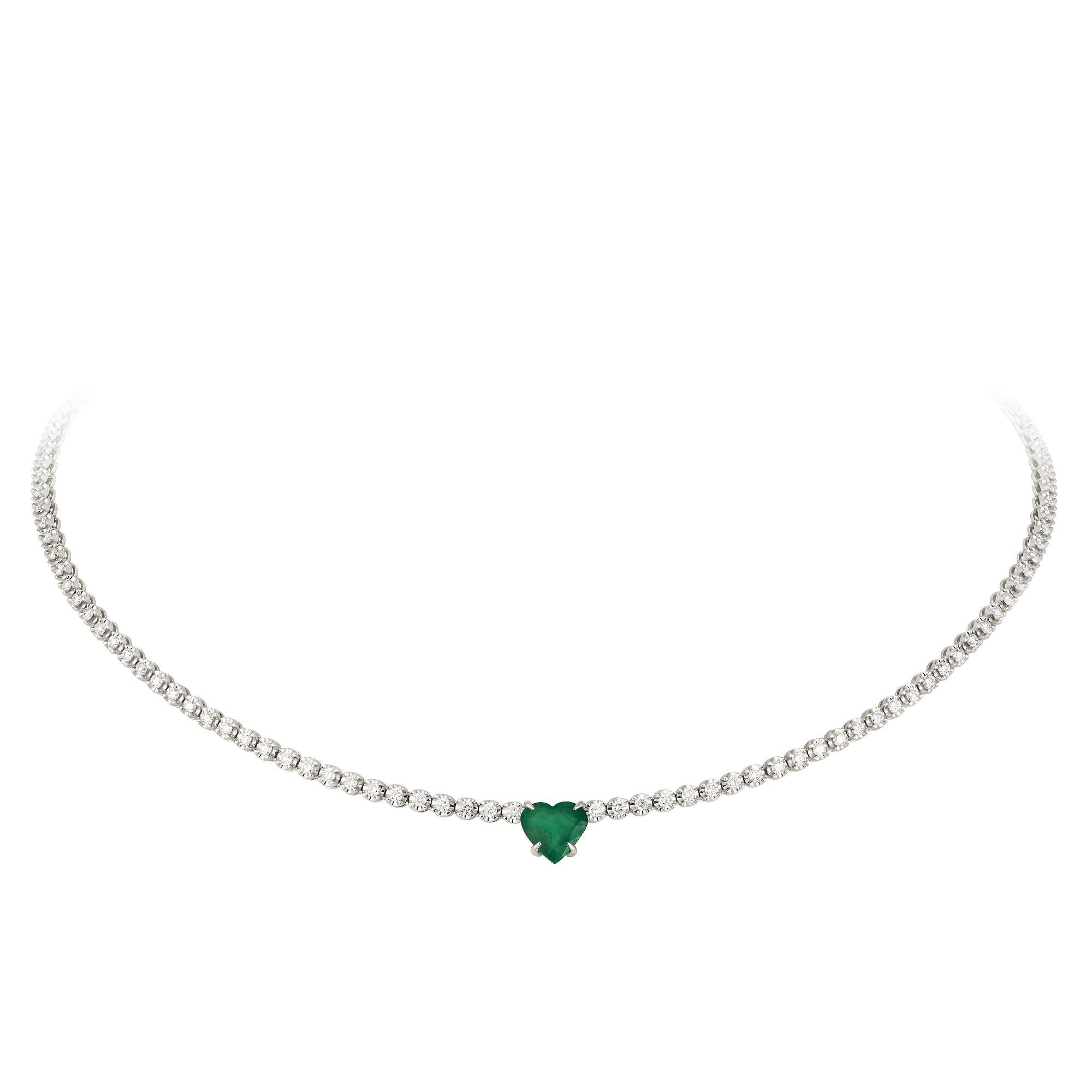 Emerald Cut Unique Emerald Diamond 18 Karat White Gold Necklace for Her For Sale