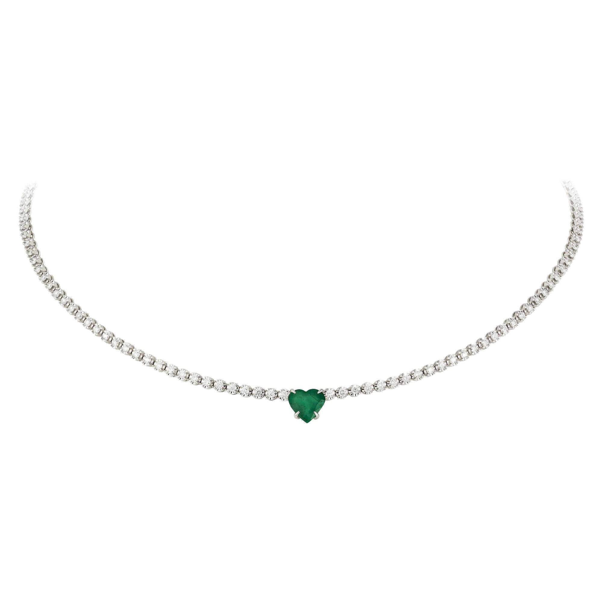 Unique Emerald Diamond 18 Karat White Gold Necklace for Her For Sale