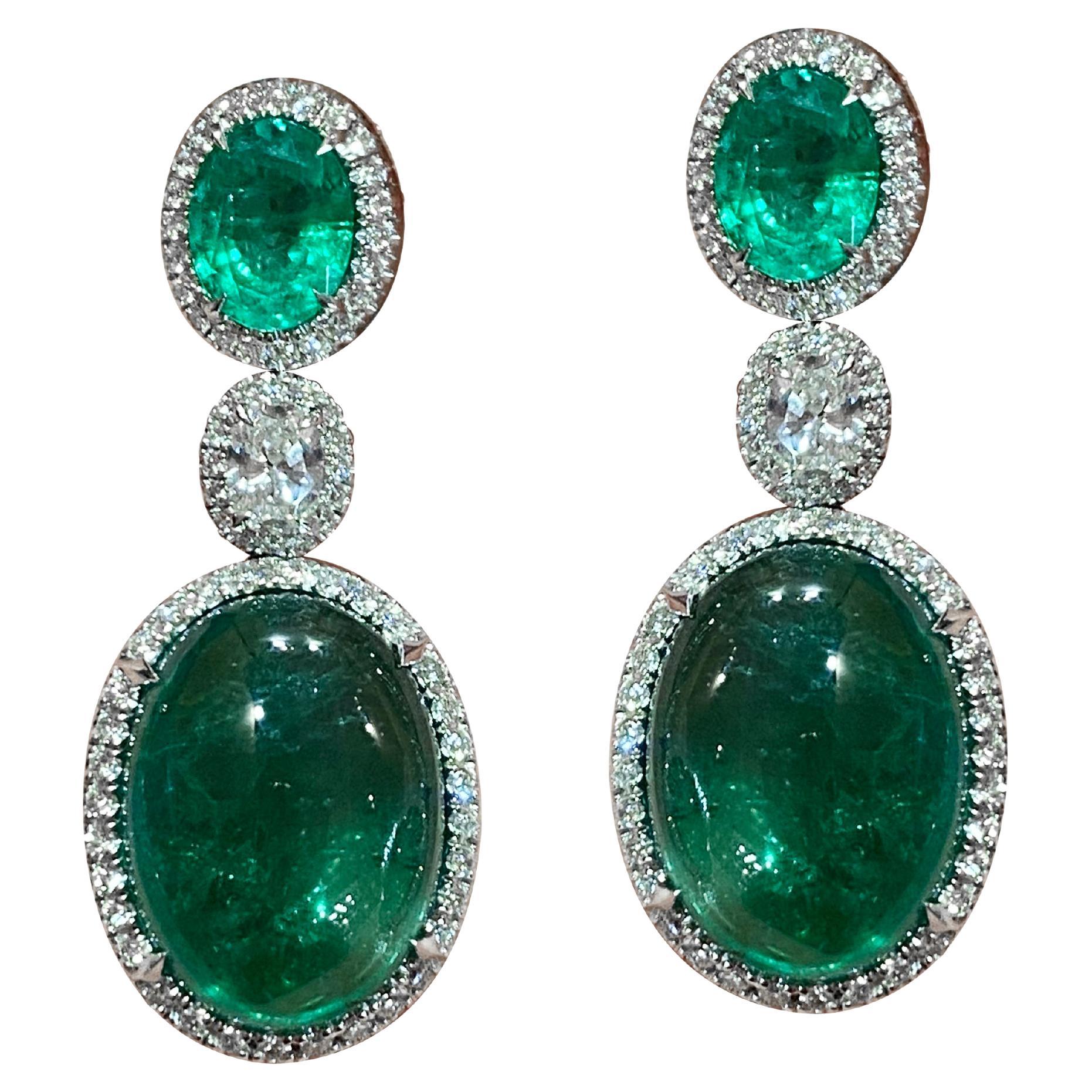 Unique Emerald Diamond Dangle White 18k Gold Earrings for Her