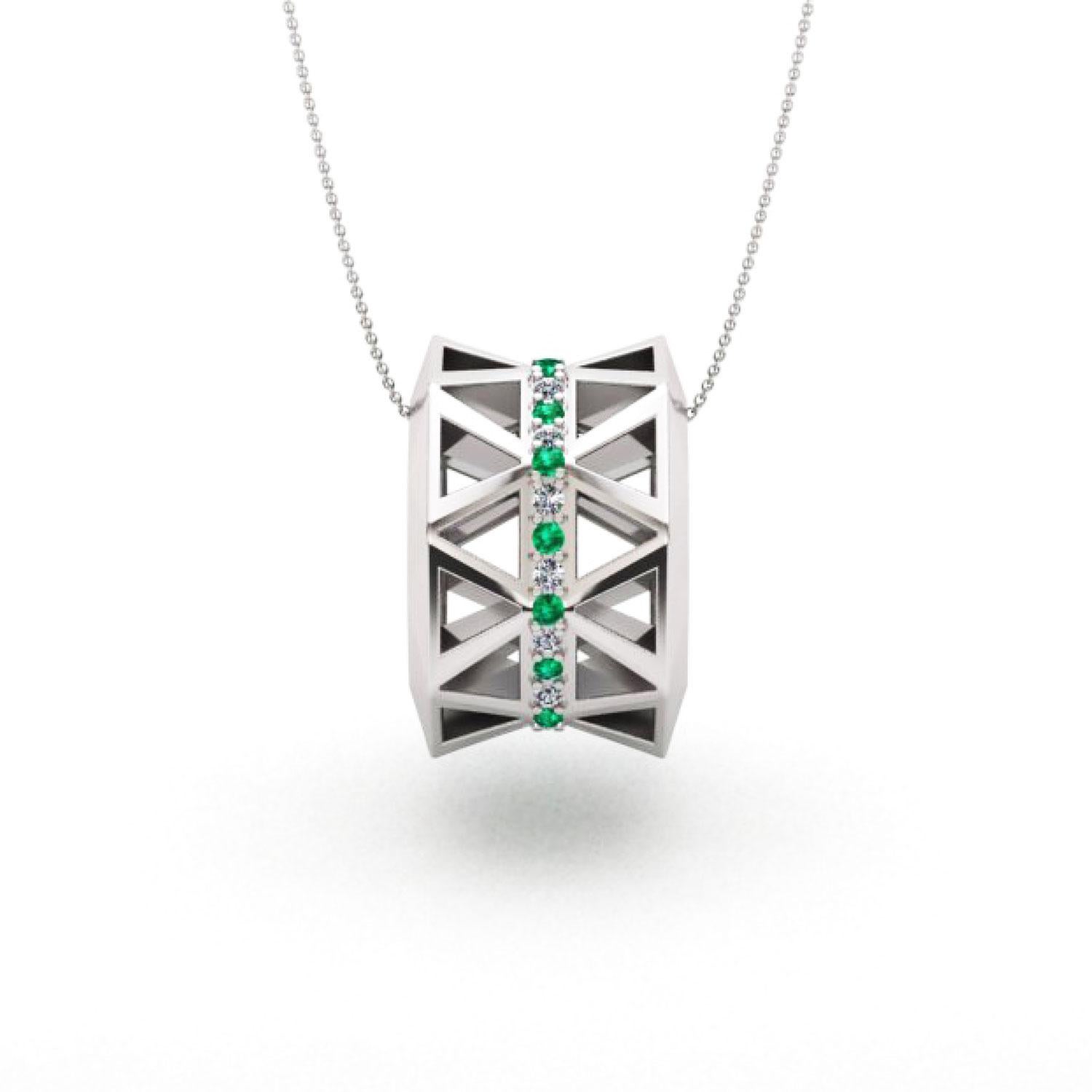 Moderne Pendentif élégant en or blanc 18 carats avec émeraudes et diamants, unique pour elle et lui en vente