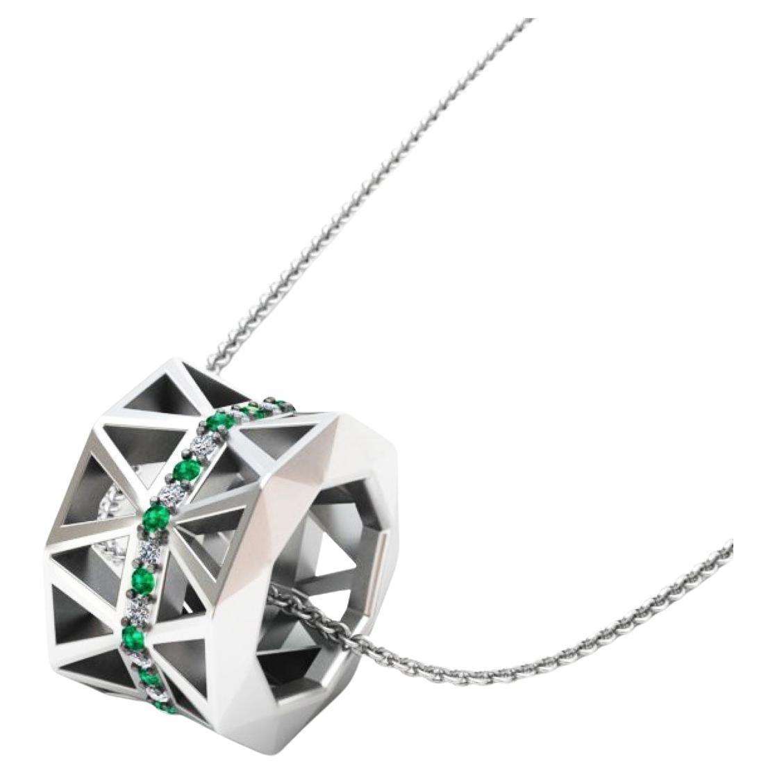 Unique Emerald Diamond Elegant White 18K Gold Pendant for Her for Him For Sale