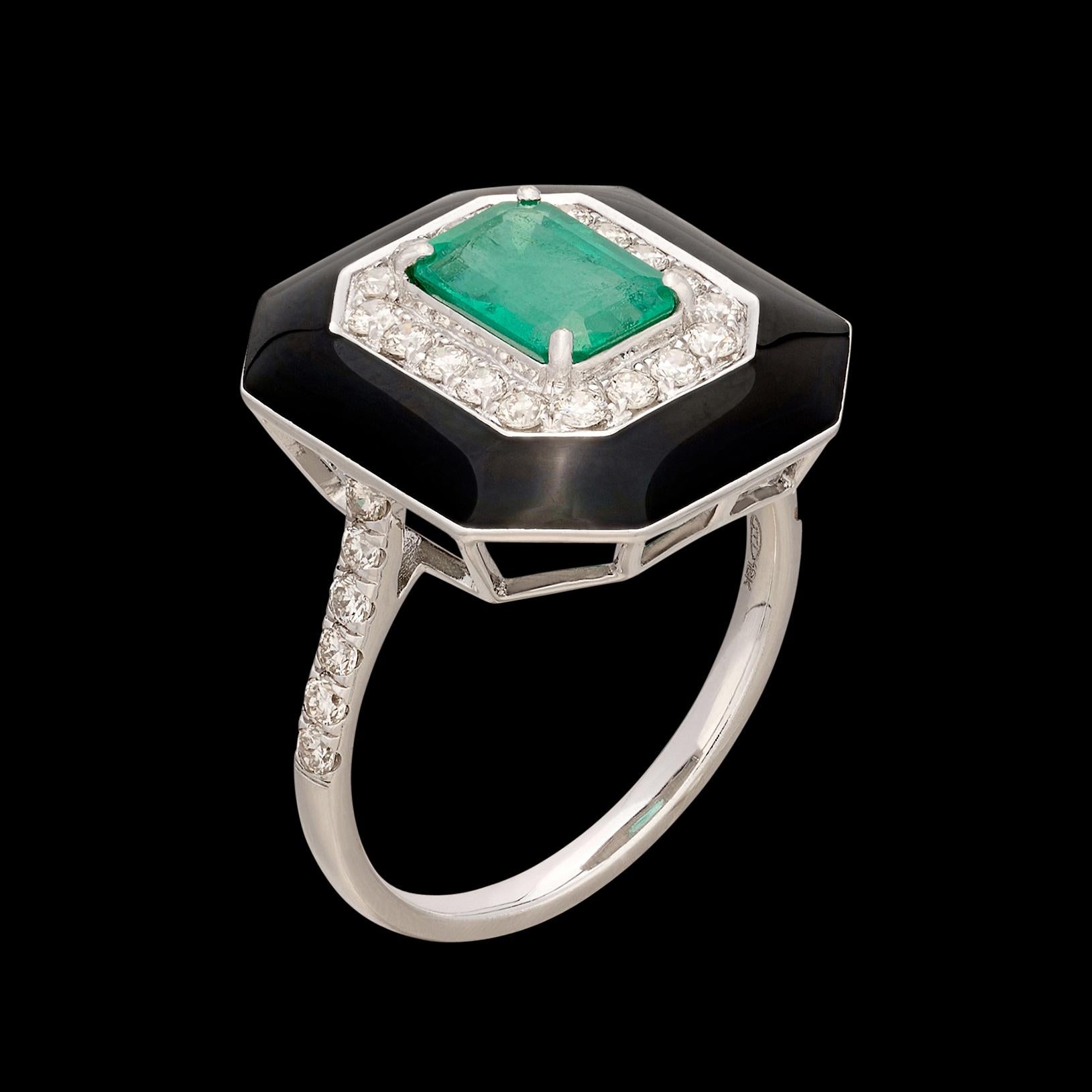 Einzigartiger Ring mit Smaragd, Diamant und Emaille im Angebot 2