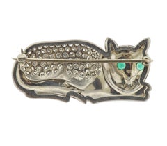 Unique Emerald Diamond White Gold Cat Brooch
