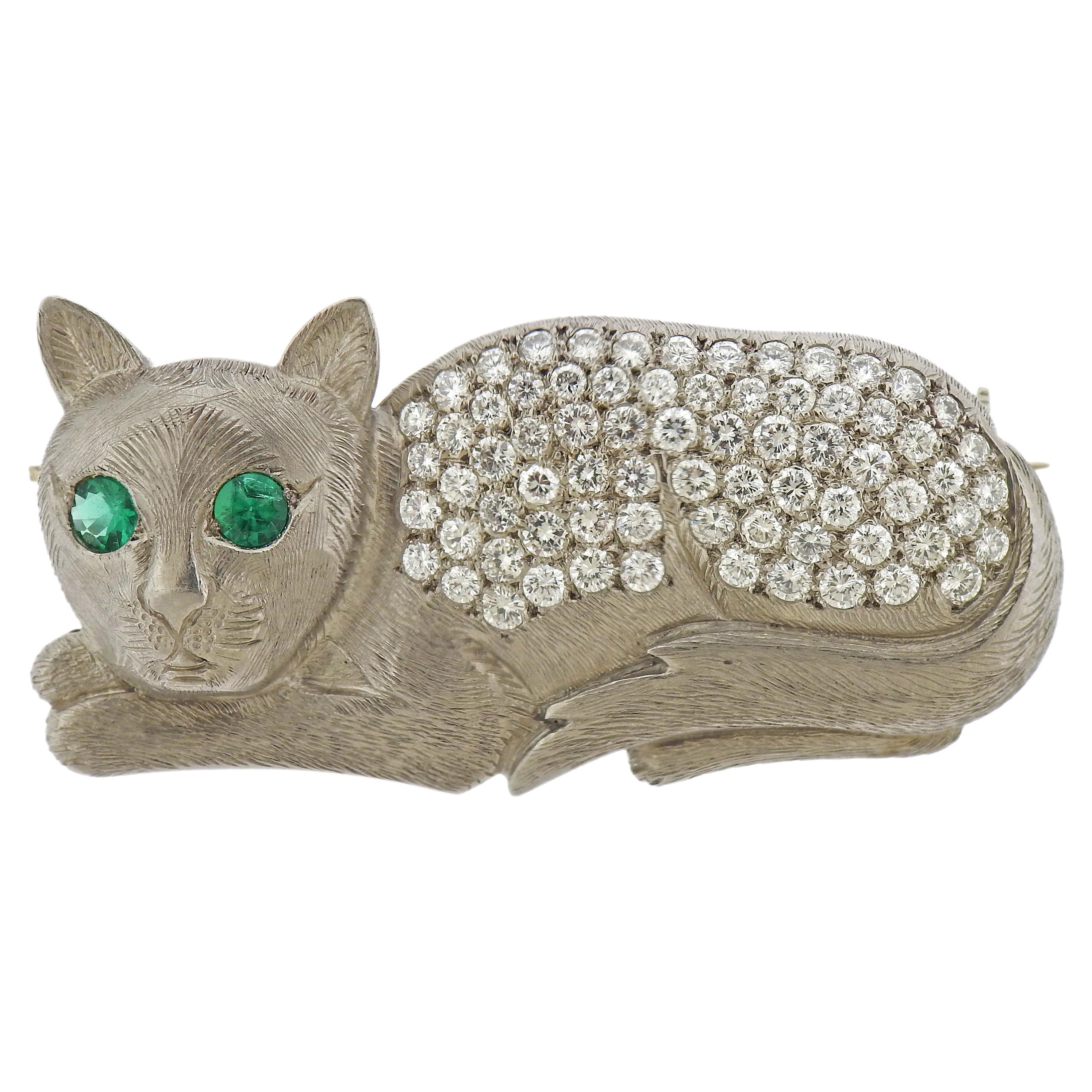 Unique Emerald Diamond White Gold Cat Brooch For Sale