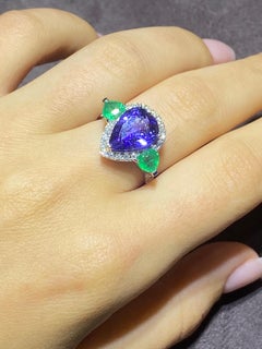 Unique Emerald Tanzanite Diamond White Gold 18K Ring for Her