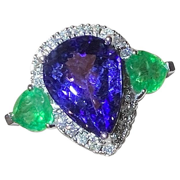 Unique Emerald Tanzanite Diamond White Gold 18K Ring for Her For Sale