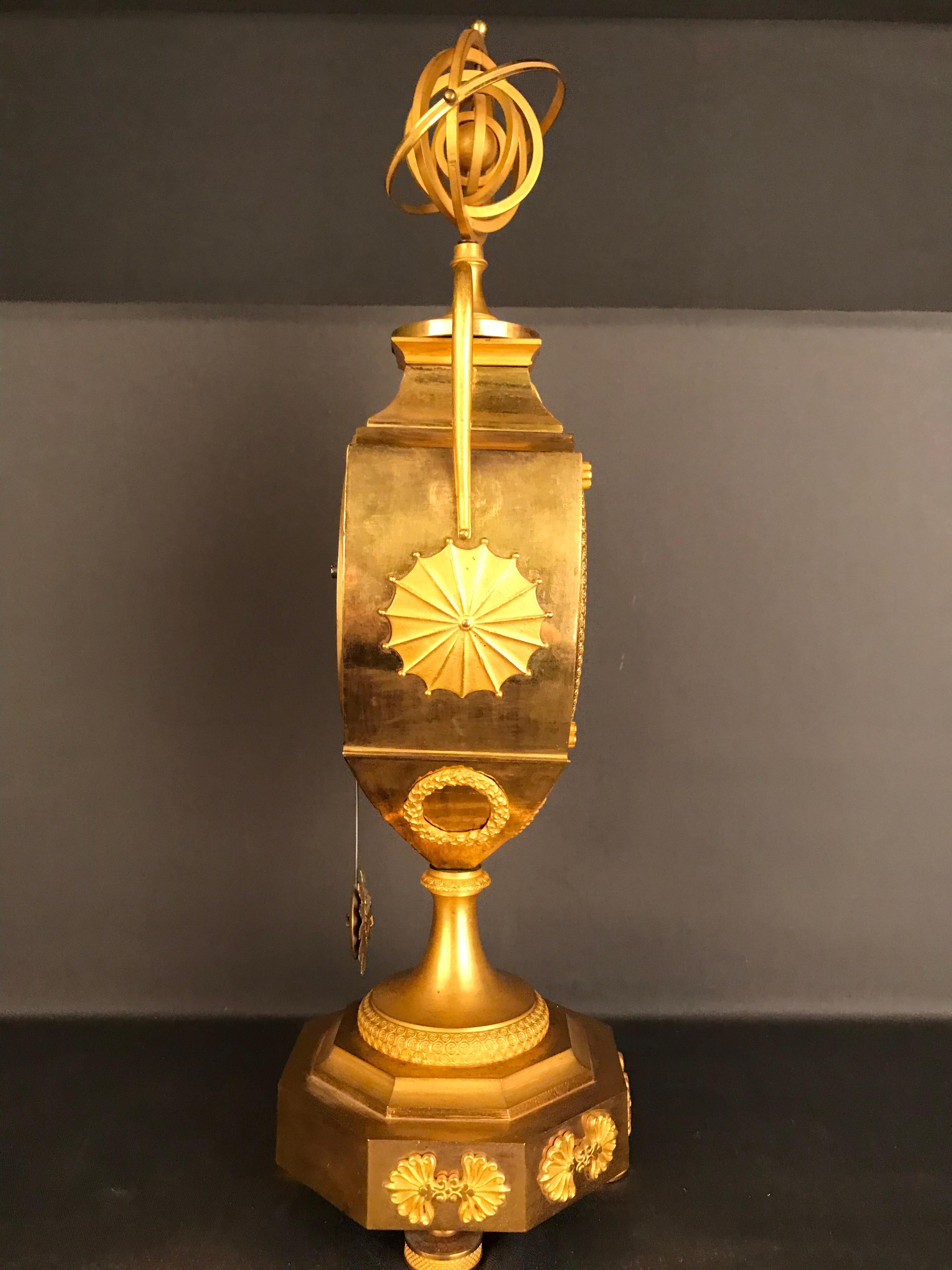 French Unique Empire Bronze Clock, Pendulum, Fire-Gilded, circa 1810