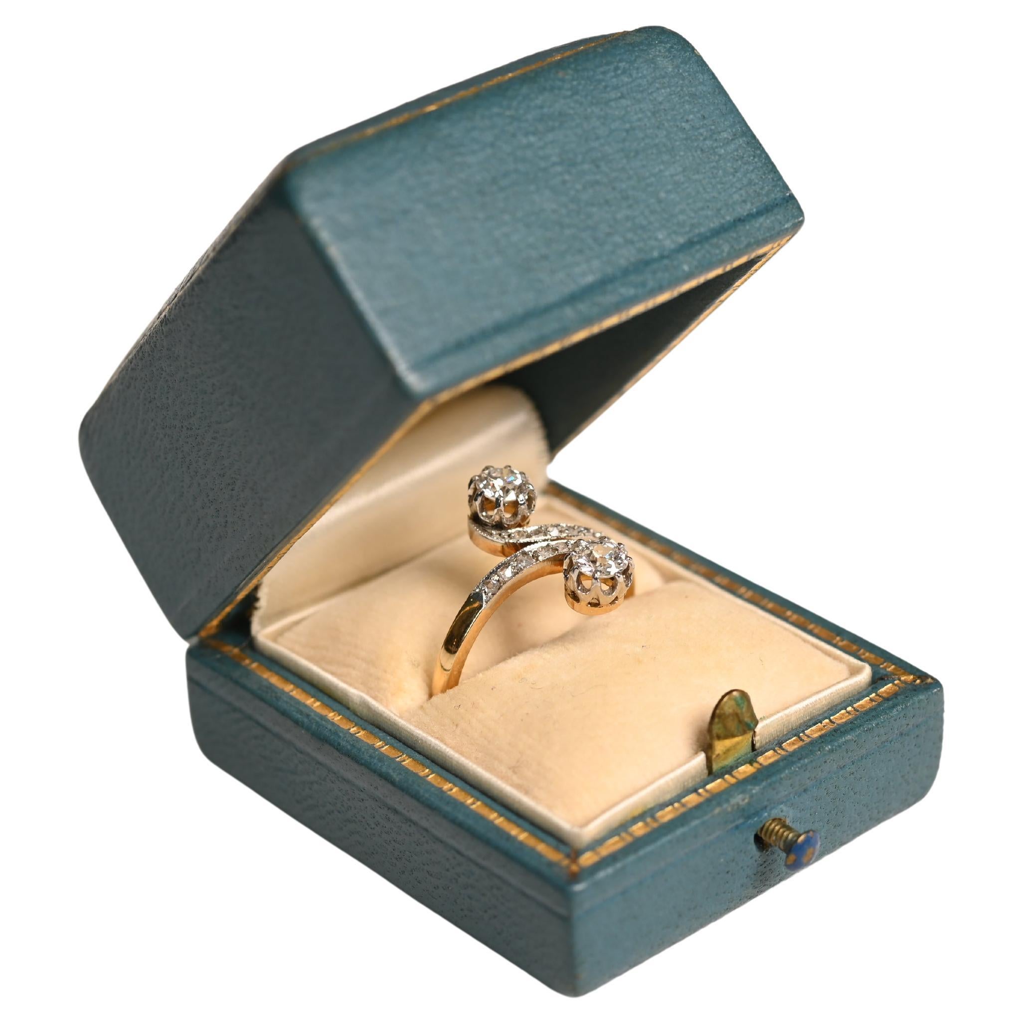 Art Nouveau Two Stone Ring. 0.40TCW Old Euro Round Cut Diamond Ring Platinum For Sale