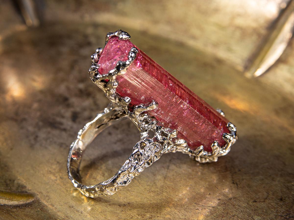 Bague de fiançailles unique en argent, tourmaline rubellite, pierre naturelle rose en vente 3