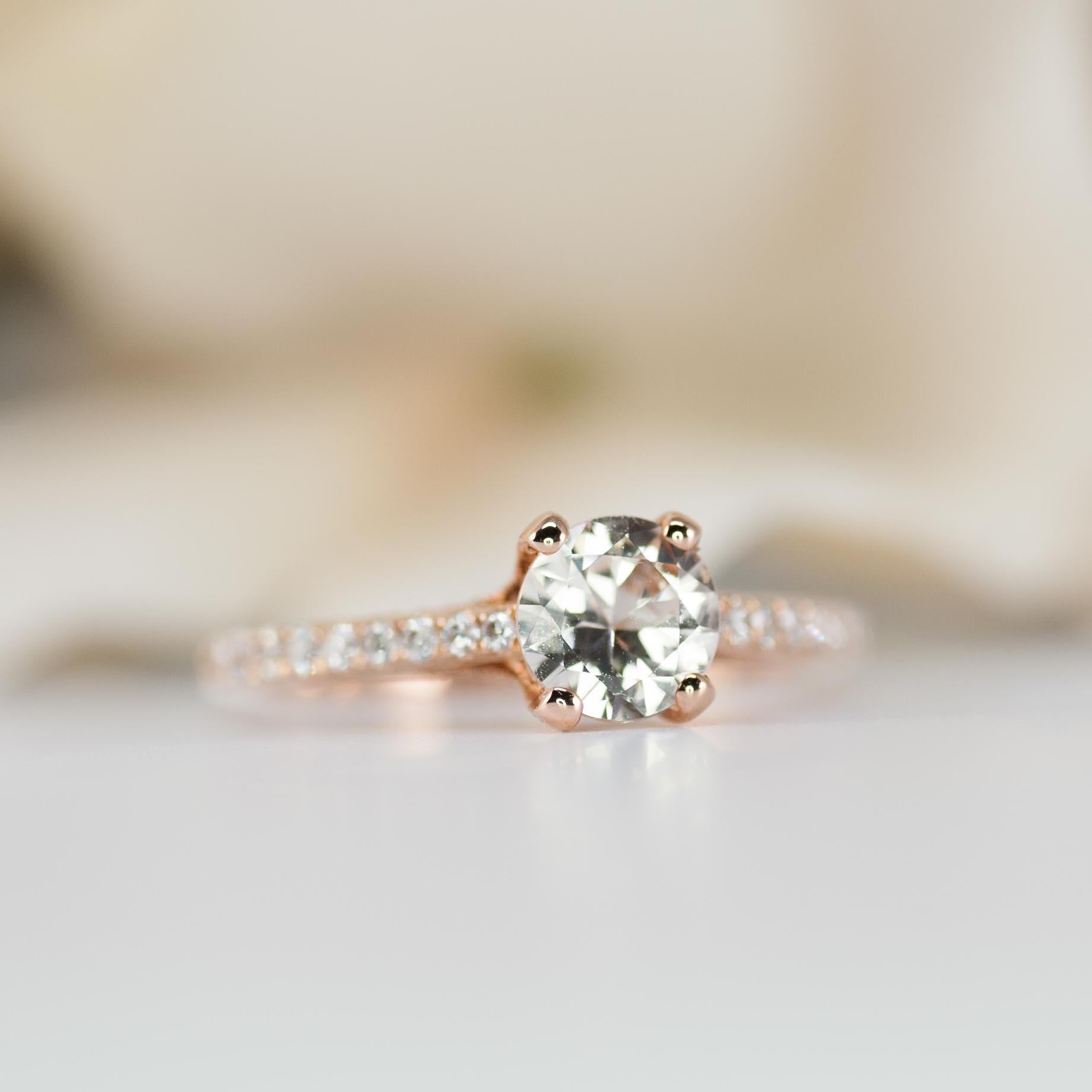 Modern Unique Engagement Ring, White Sapphire, Rose Gold, Natural Diamond, Millgrain  For Sale
