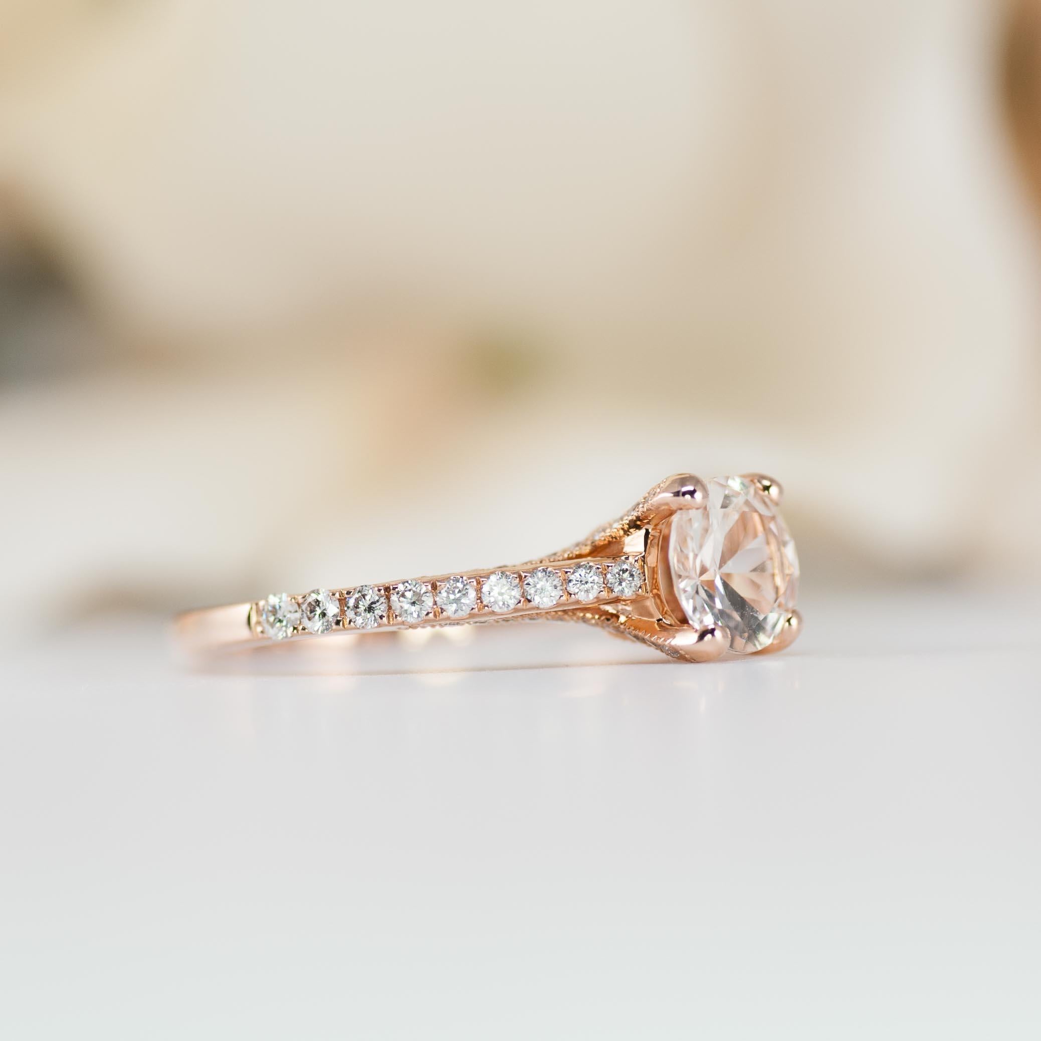 Round Cut Unique Engagement Ring, White Sapphire, Rose Gold, Natural Diamond, Millgrain  For Sale