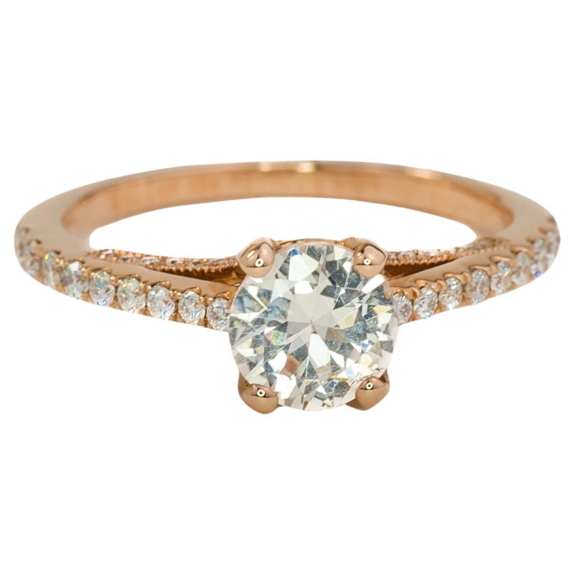 Unique Engagement Ring, White Sapphire, Rose Gold, Natural Diamond, Millgrain  For Sale