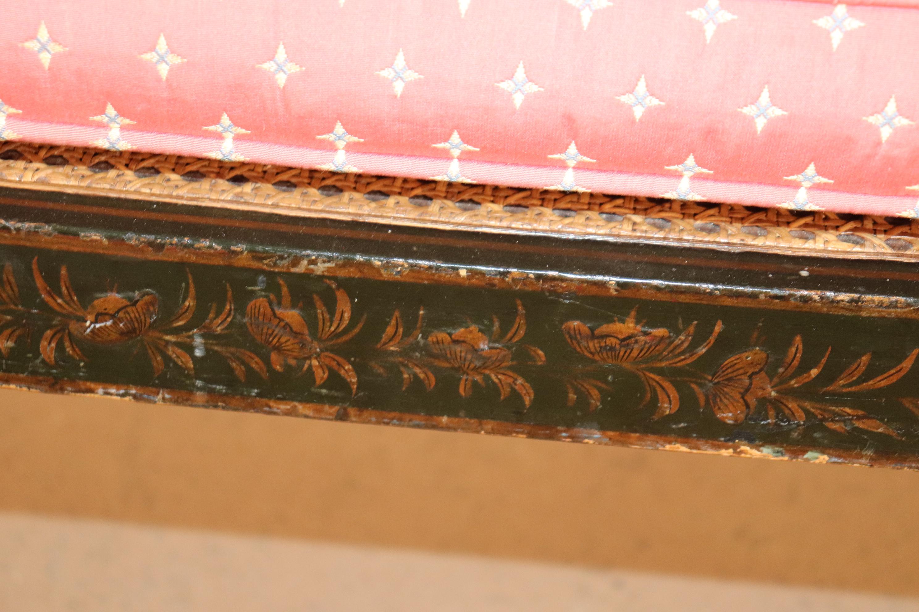 Unique English Edwardian Cane Seat Chinoiserie Paint Decorated Settee Loveseat 3