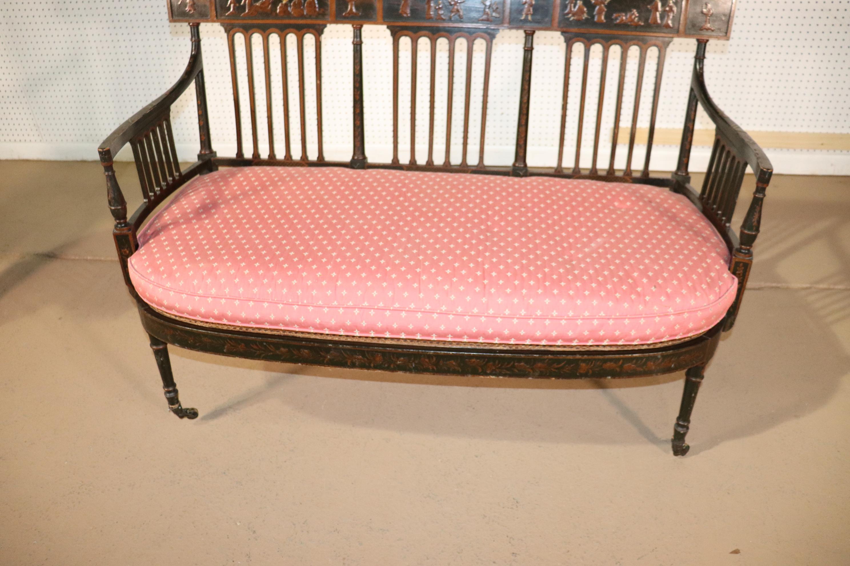 Unique English Edwardian Cane Seat Chinoiserie Paint Decorated Settee Loveseat 4