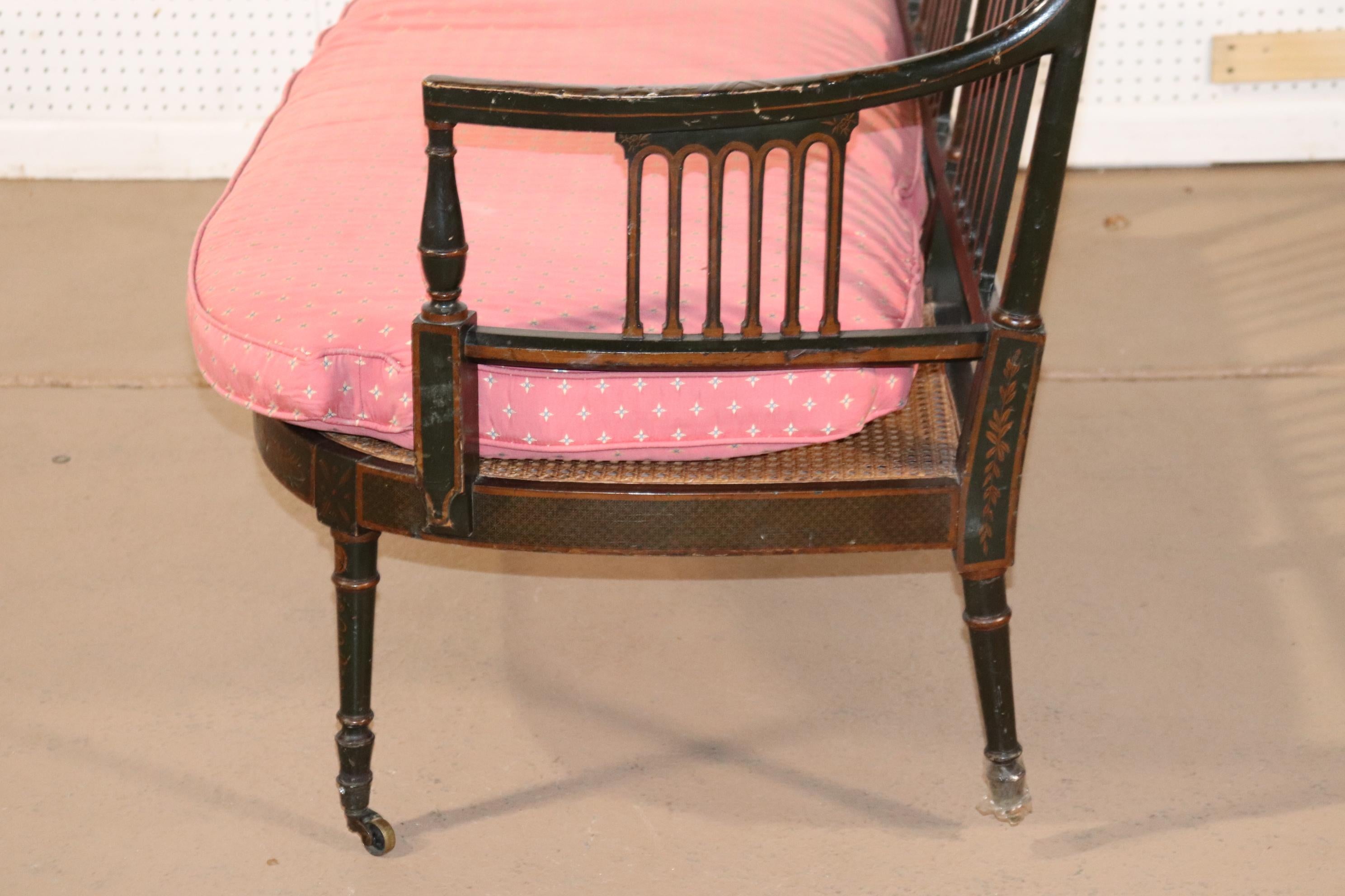 Unique English Edwardian Cane Seat Chinoiserie Paint Decorated Settee Loveseat 8