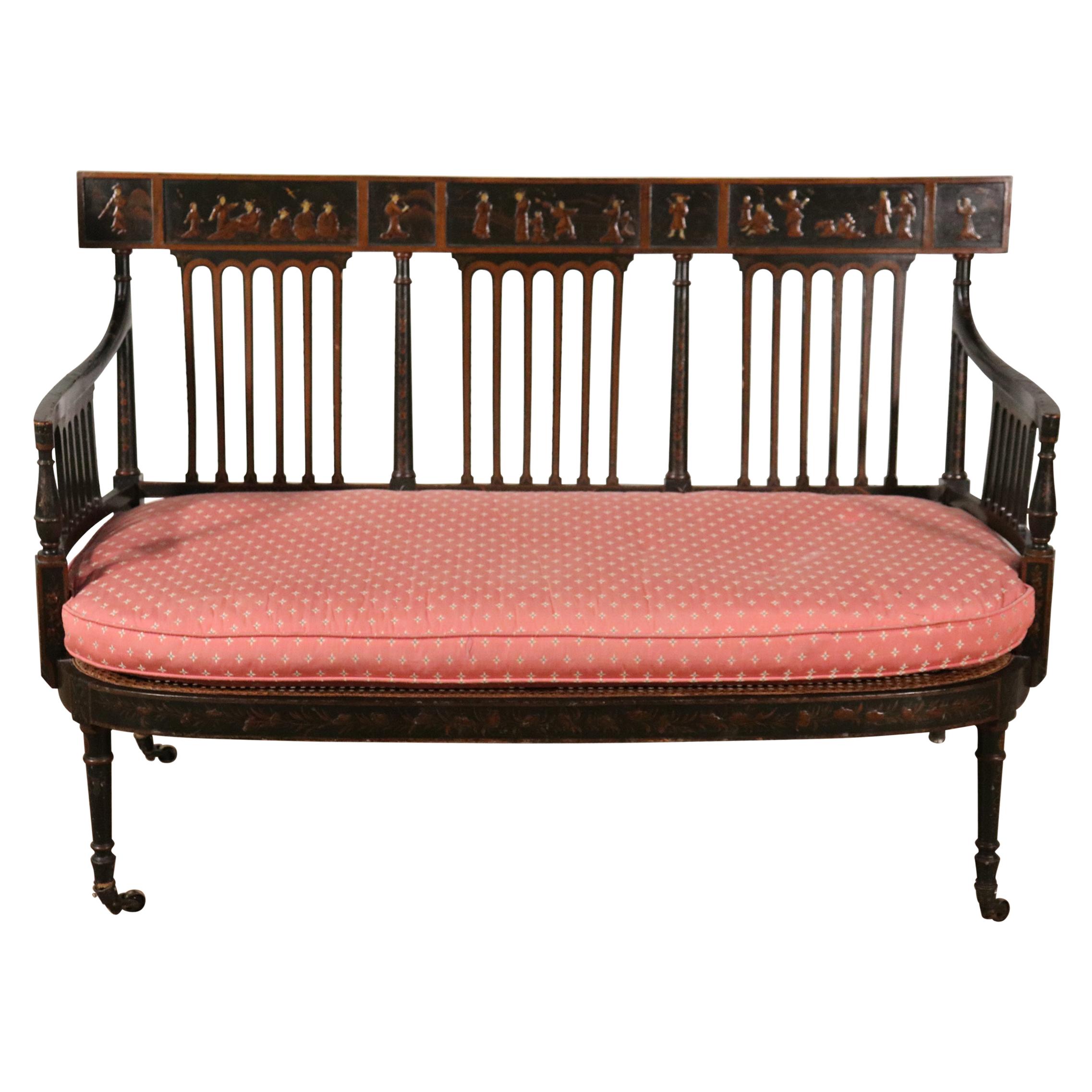 Unique English Edwardian Cane Seat Chinoiserie Paint Decorated Settee Loveseat