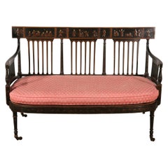 Unique English Edwardian Cane Seat Chinoiserie Paint Decorated Settee Loveseat