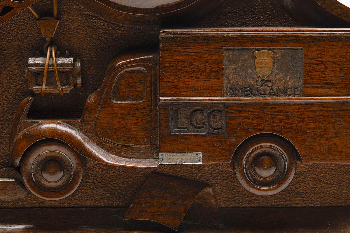 Unique English WWII Carved Wood Ambulance Clock with Smiths Movement, circa 1943 3