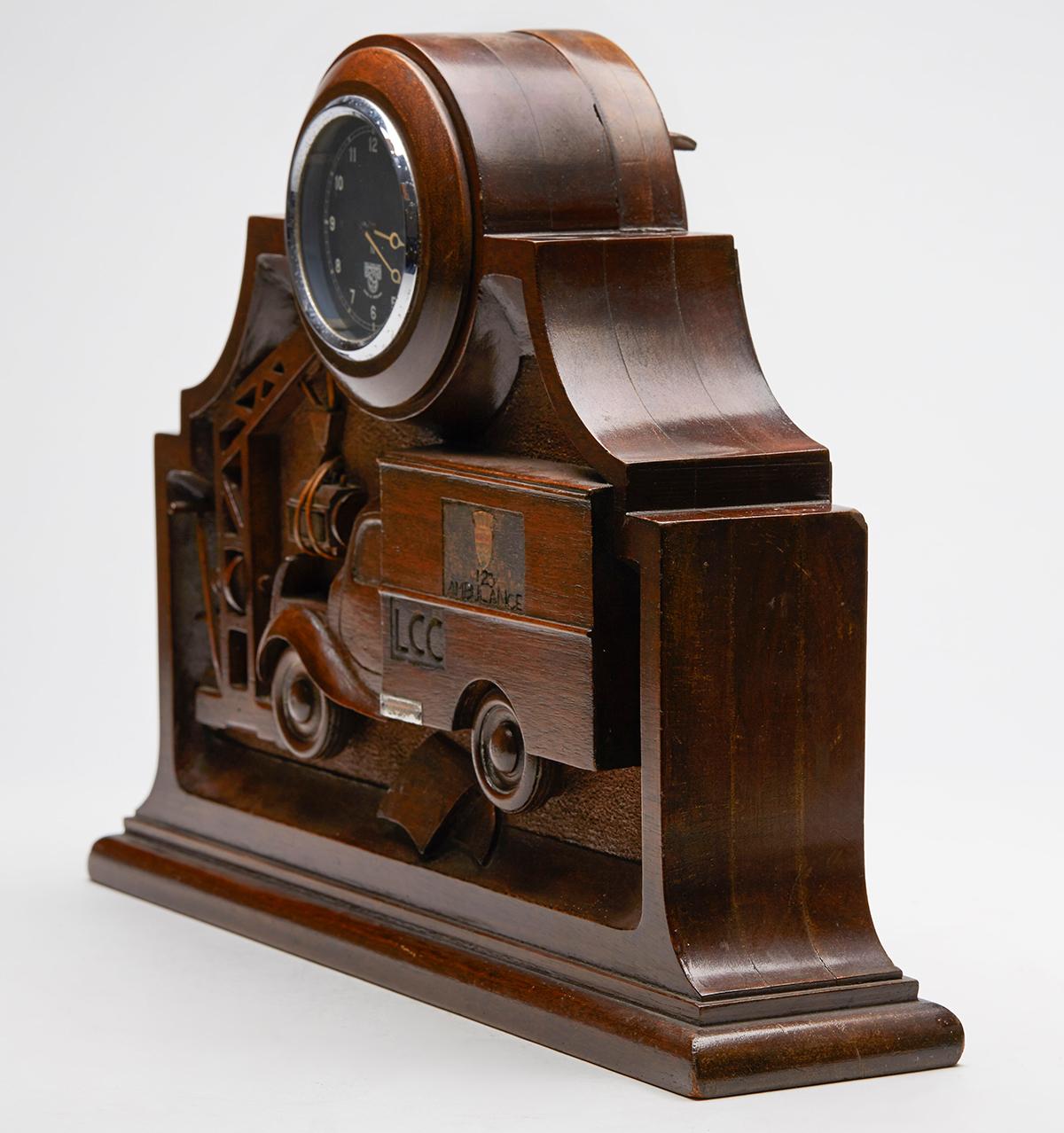 Unique English WWII Carved Wood Ambulance Clock with Smiths Movement, circa 1943 2