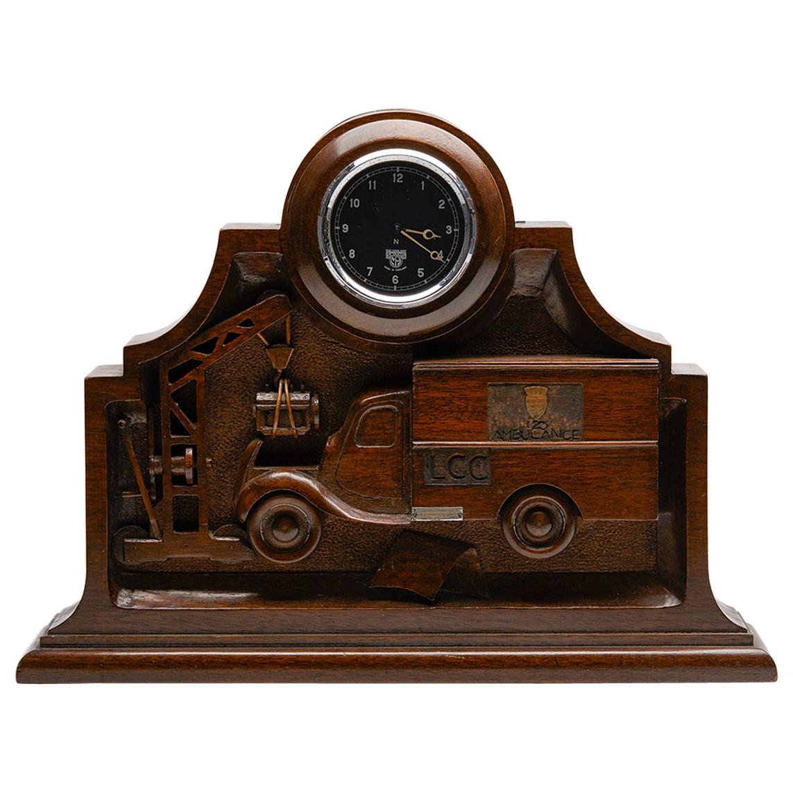 Unique English WWII Carved Wood Ambulance Clock with Smiths Movement, circa 1943