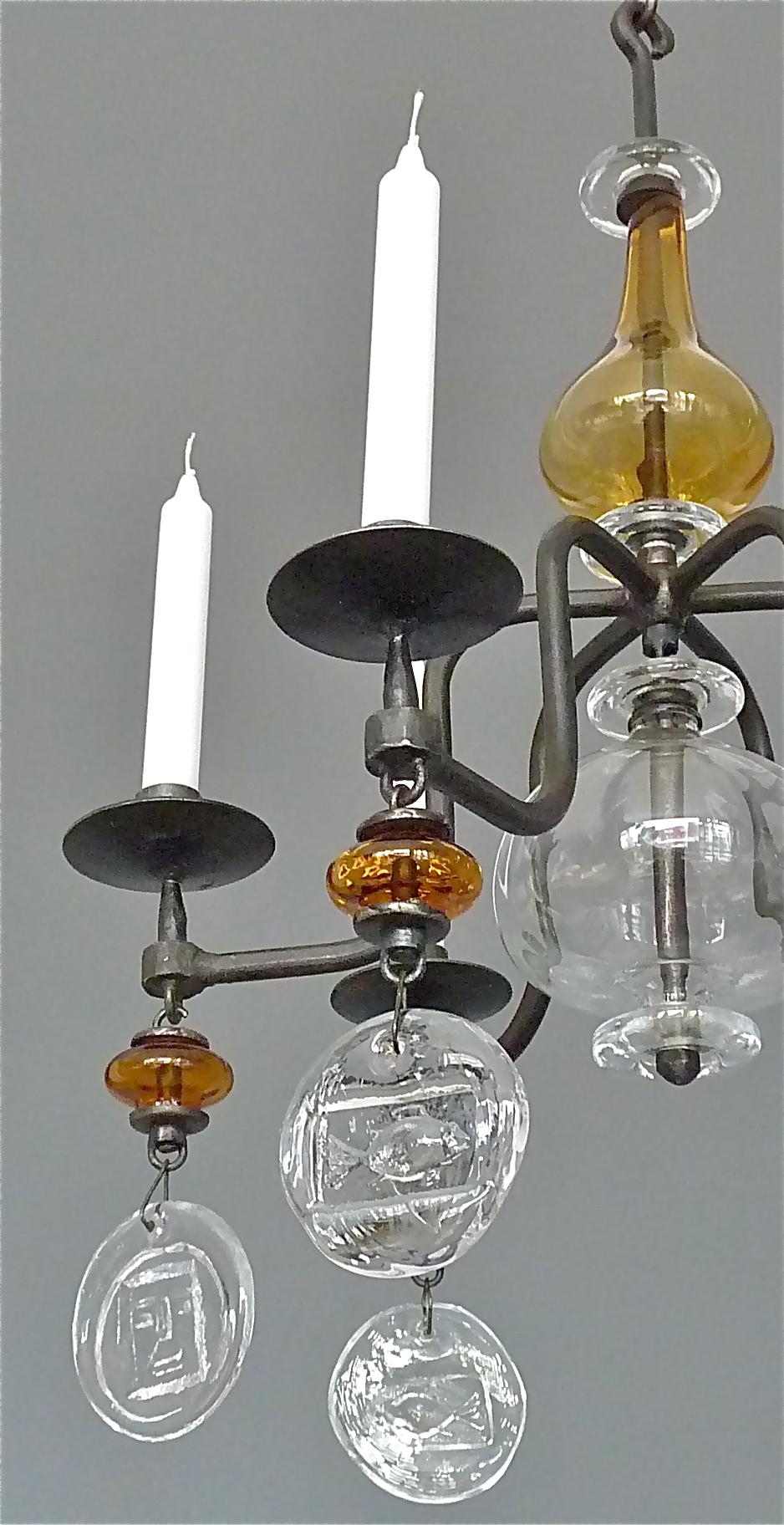 Swedish Unique Erik Hoglund Chandelier Electrified Amber Clear Glass Iron Boda Nova 1960 For Sale