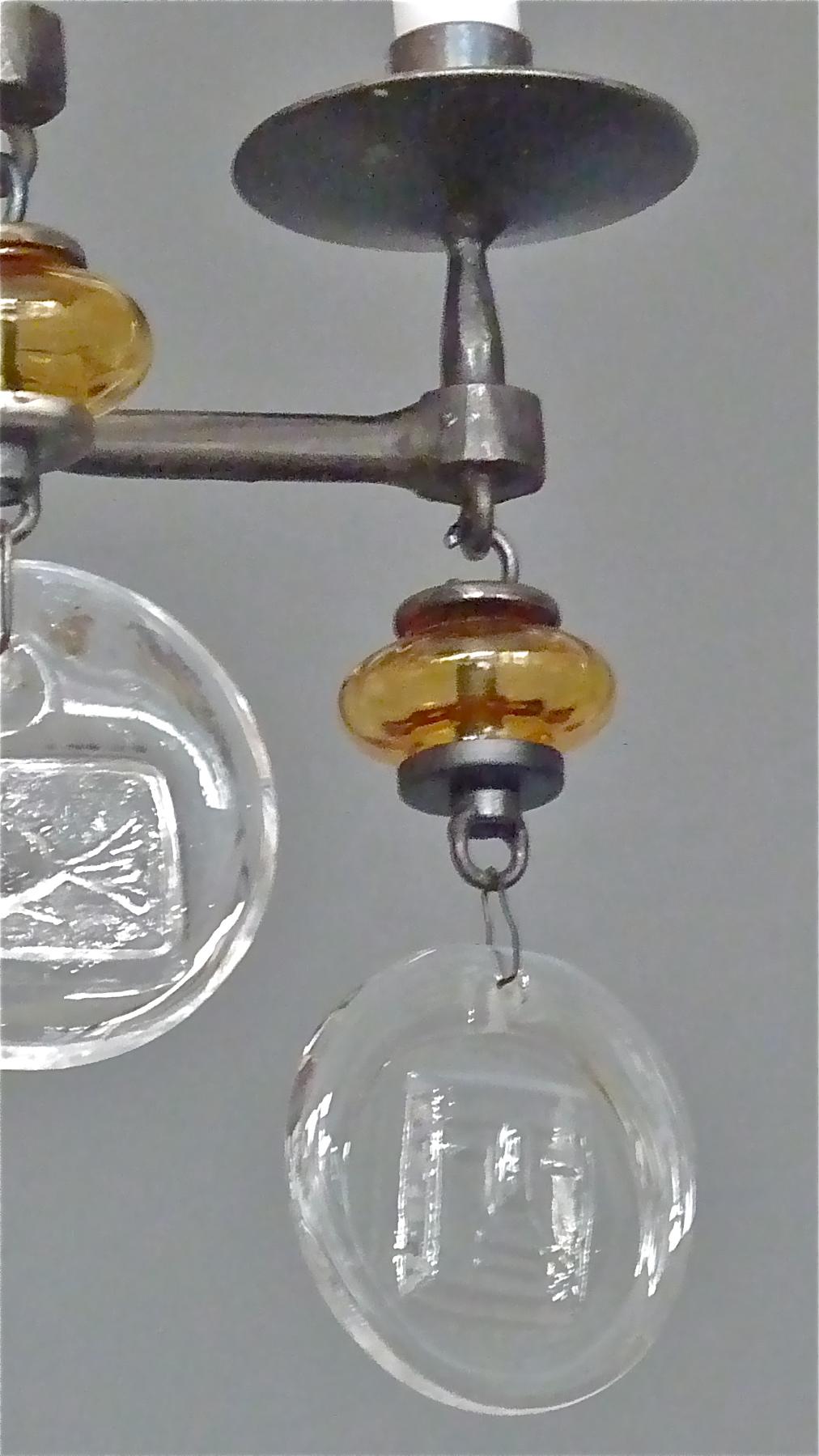 Mid-20th Century Unique Erik Hoglund Chandelier Electrified Amber Clear Glass Iron Boda Nova 1960 For Sale
