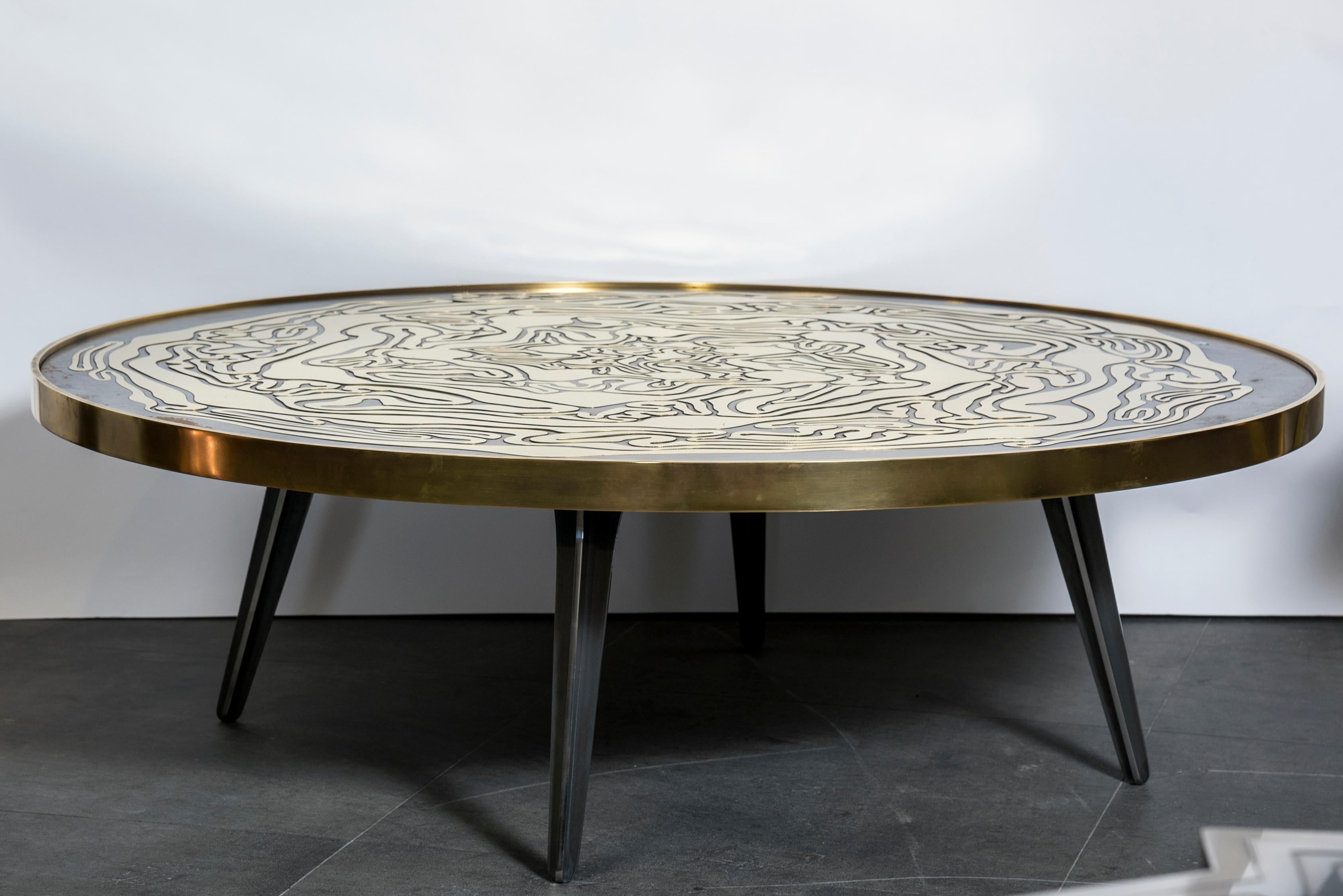 This wonderful coffee table is made in brass and patinated steel. It has been designed by Erwan Boulloud, it is a unique piece signed by the artist. France, 2018.