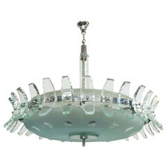 Unique Etched Glass Chandelier in the Style of Fontana Arte, circa 1960s