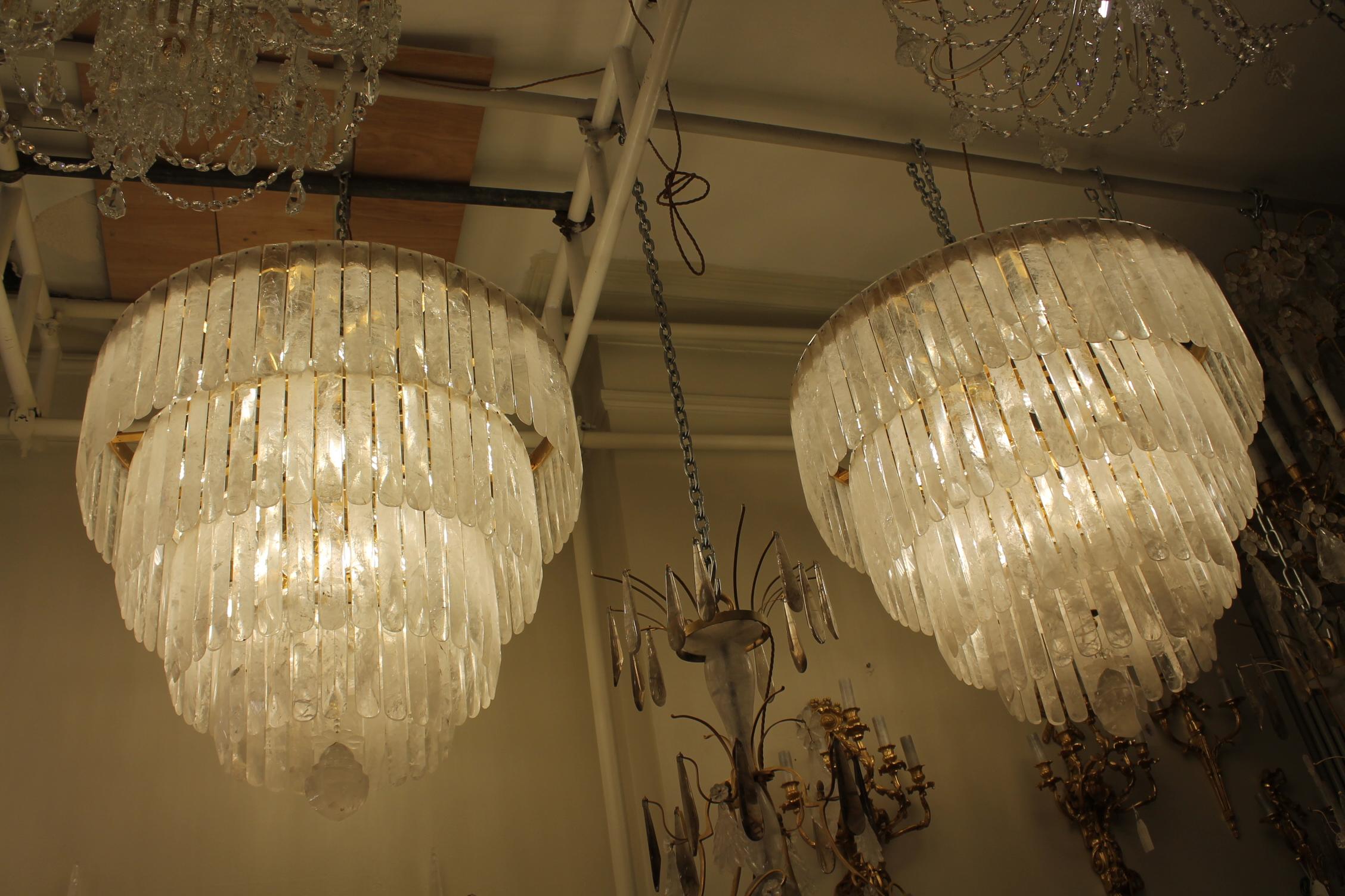 Unique Exceptional pair of rock crystal chandeliers with four tiers sixty light In Excellent Condition For Sale In London, GB