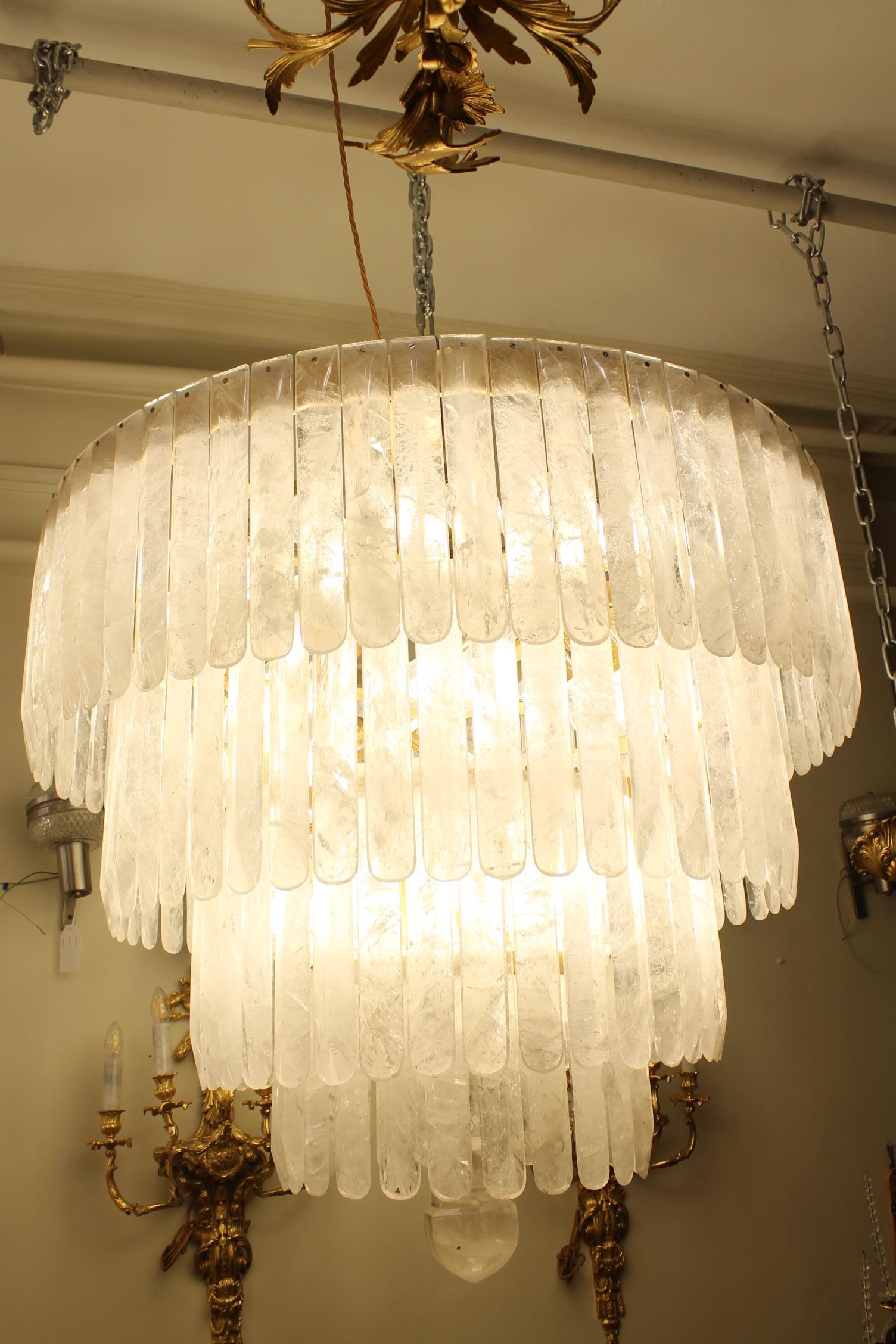 Unique Exceptional pair of rock crystal chandeliers with four tiers sixty light For Sale 1