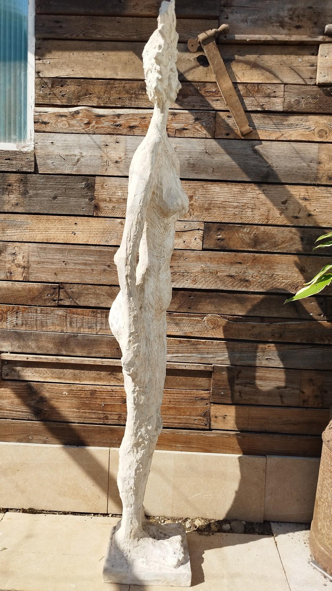 Unique, large scale, handcrafted fiberglass statue from the 70s in France, unsigned.
It's existentialist manner is reminiscent of the works by Alberto Giacometti, Robert Couturier, and Germaine Richier. Depending on the light, the patina changes