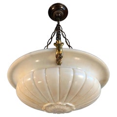 Unique & Extra Large White Alabaster Chandelier with Bronze Mermaid Sculptures