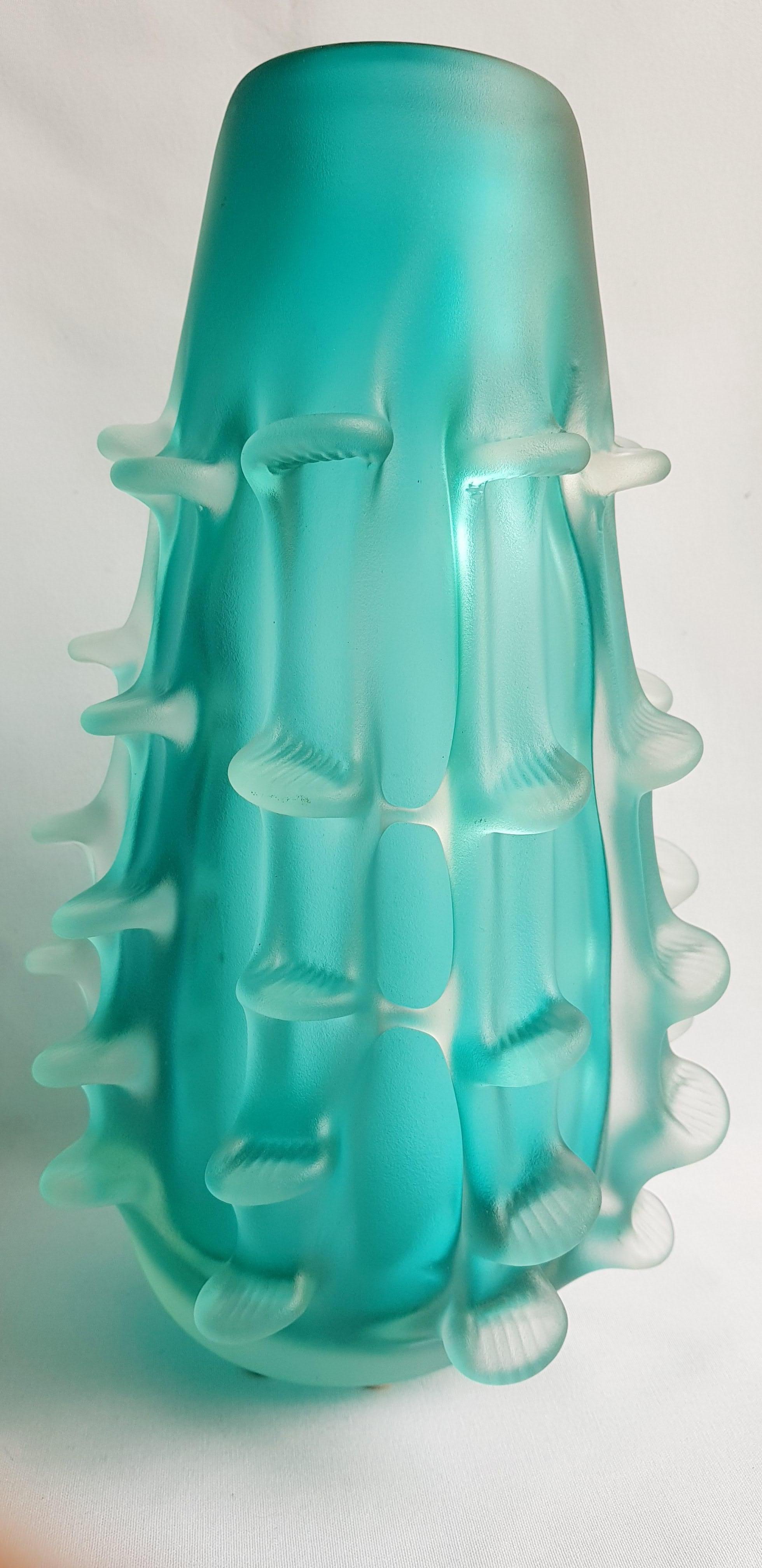 Hand-Crafted A Cappe Extralarge Gino Cenedese Signed Blue frosted satin murano vase For Sale