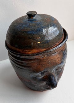 Unique Bohemian Face Jar with Lid, Clay, Signed Waar, USA, 1986