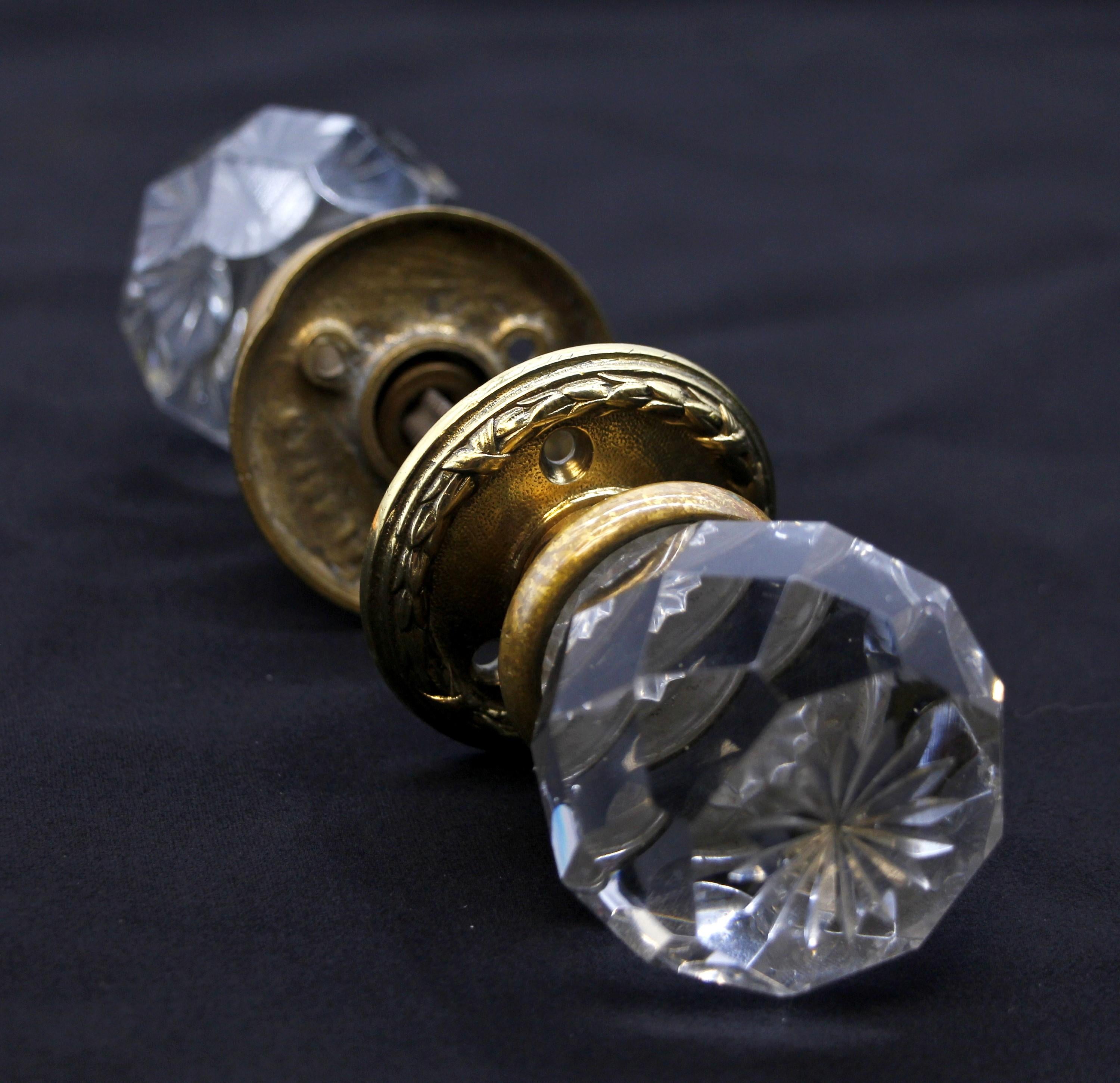 Brass Unique Faceted Clear Glass Door Knob Set Incl Rosettes For Sale