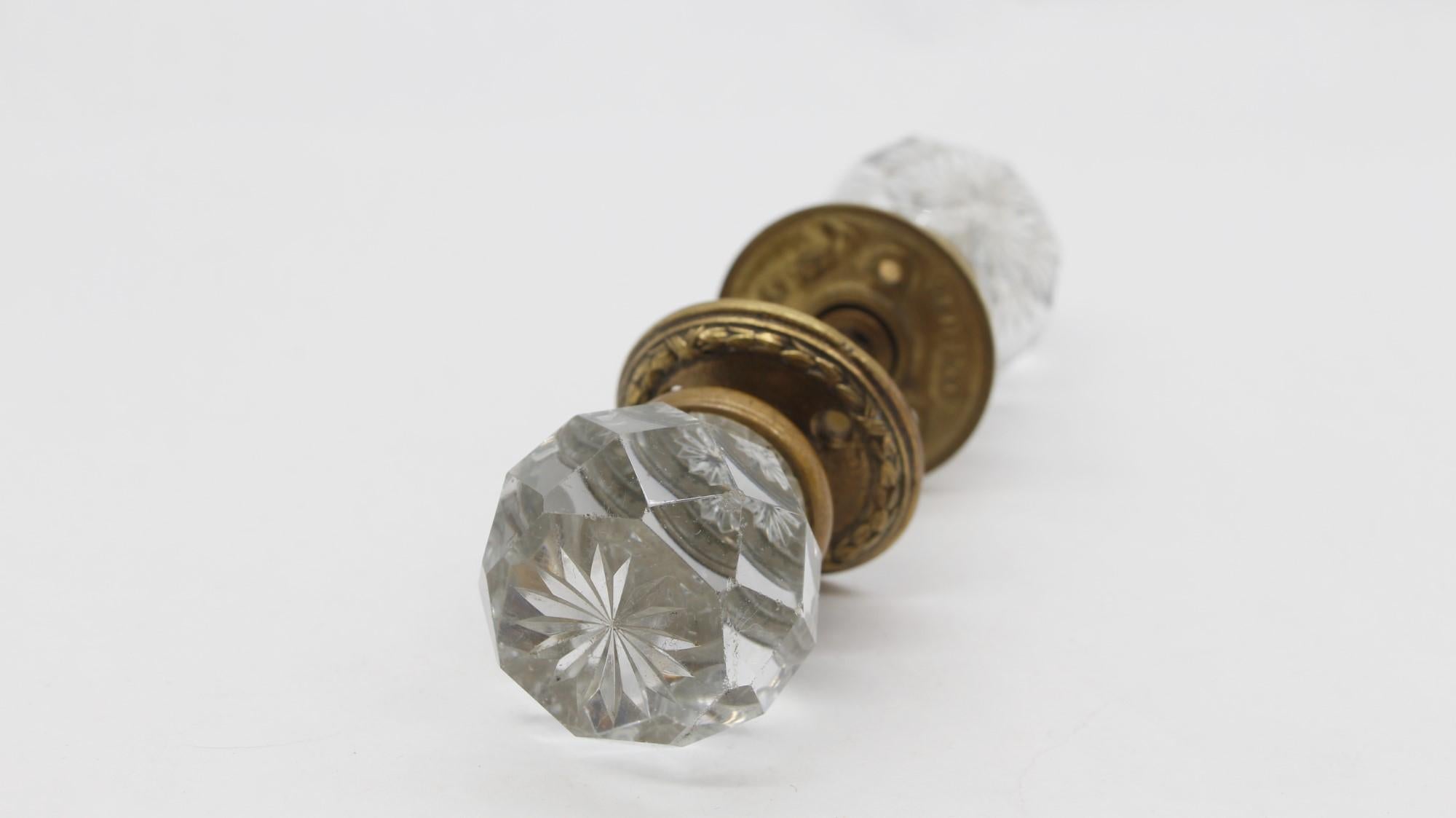 American Unique Faceted Clear Glass Door Knob Set Incl Rosettes For Sale
